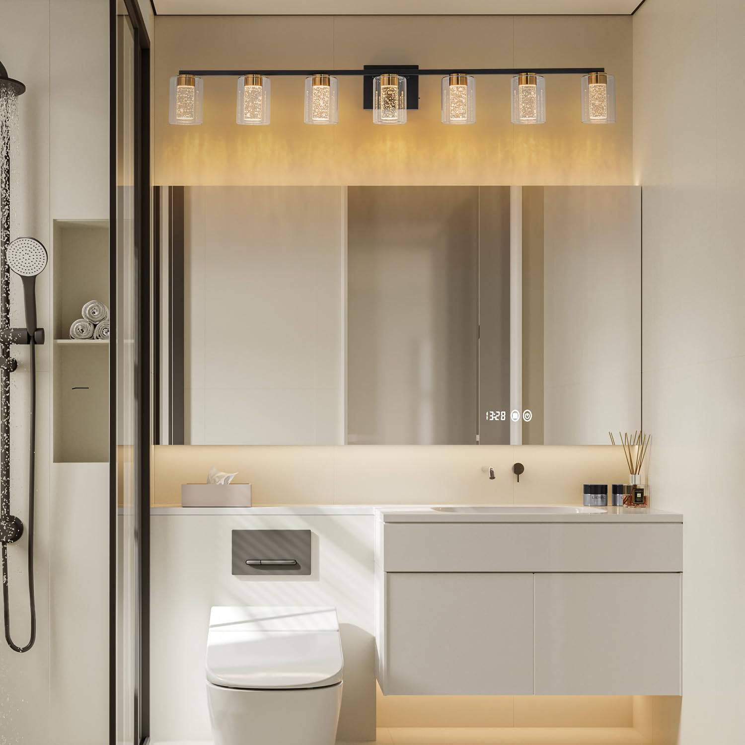 Sinerise 7-Light Black And Gold Vanity Light With 3 Color Modes (3000K/4000K/6000K), Eye Protection Led Bathroom Light Fixture,