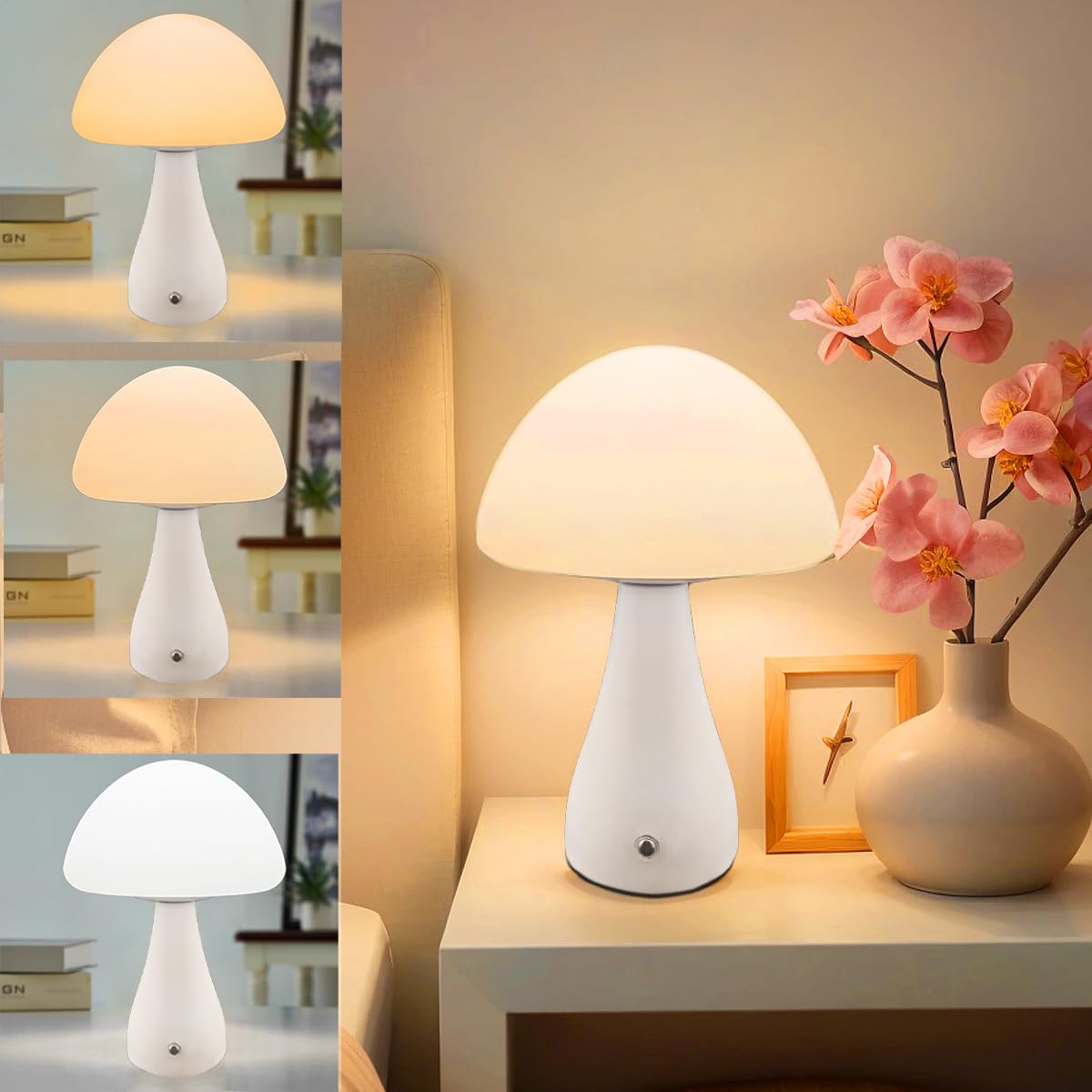ZSLAIFU Mushroom Lamp, Dimmable Mushroom Table Lamp, Portable Wireless Small Lamp, Rechargeable Battery Lamp, Stepless Dimming, 