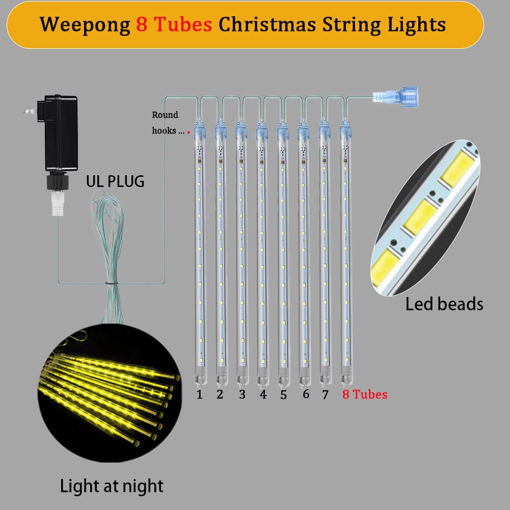 Weepong Christmas Lights Outdoor, 12 Warm White Meteor Shower, 192 Led Cascading Icicle String Lights For Holiday Decor, Model Wep-Frl-Ww