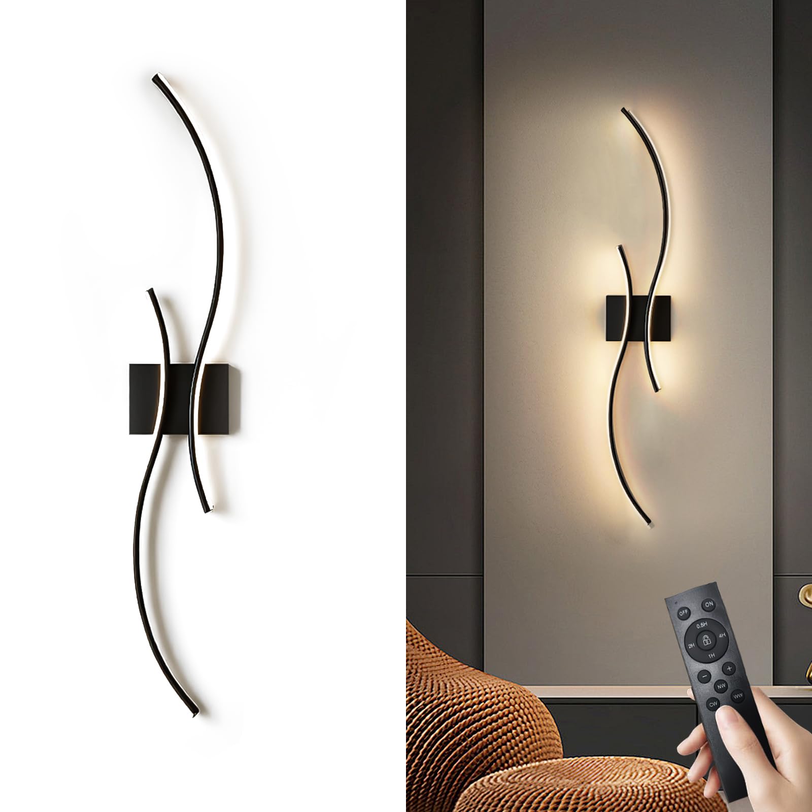 usiopup Hardwired Wall Sconces  Modern LED Wall Sconces with Remote Control  Bathroom Vanity Light Fixture  Dimmable Wall Lamps for Bedroom Living Room (006:Black(1 Pack)  39.3-Inch)