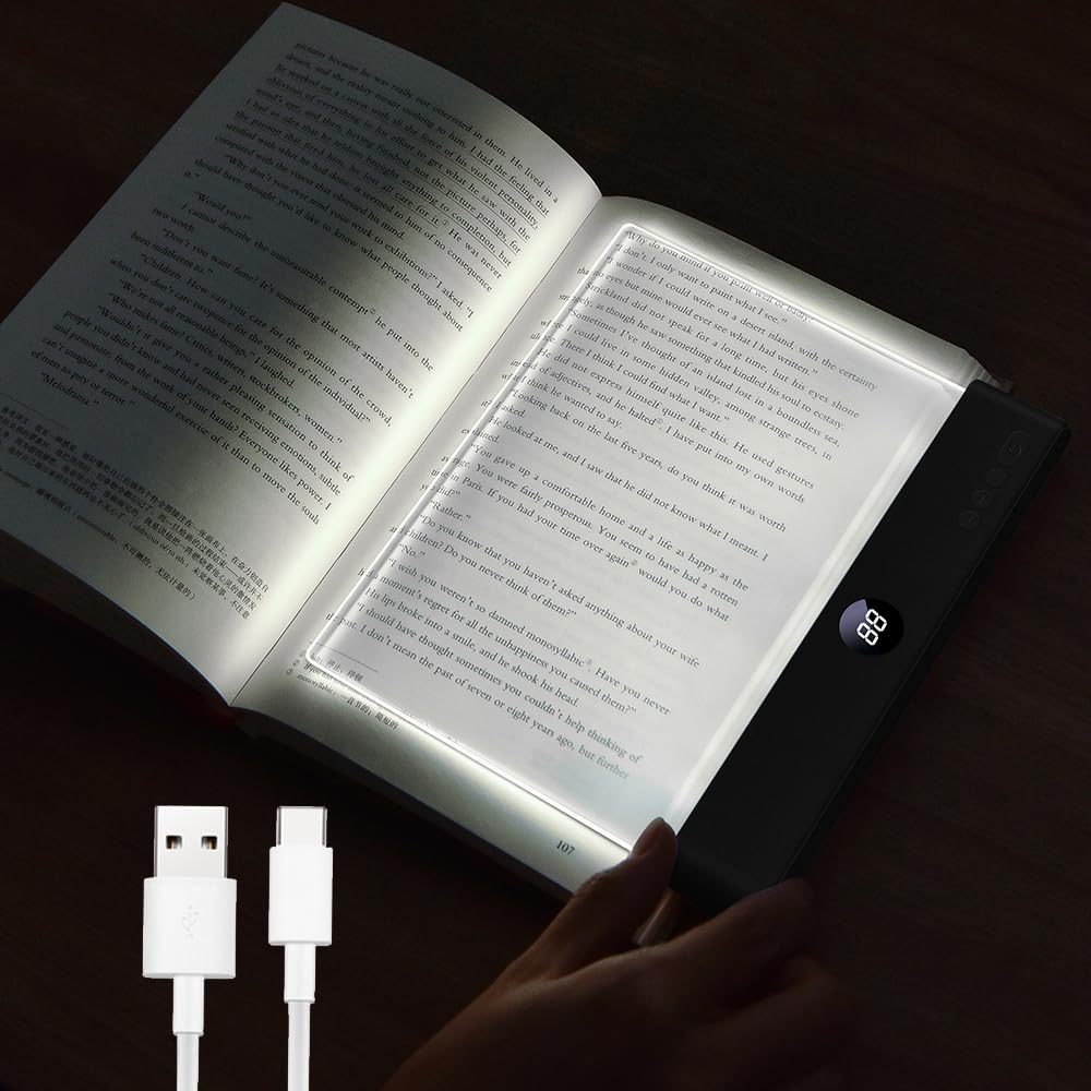 Book Light, Rechargeable Clear LED Flat Reading Light with 3 Colors & Timer, Dimmable Panel Plate Lamp Book Full Page Light for 