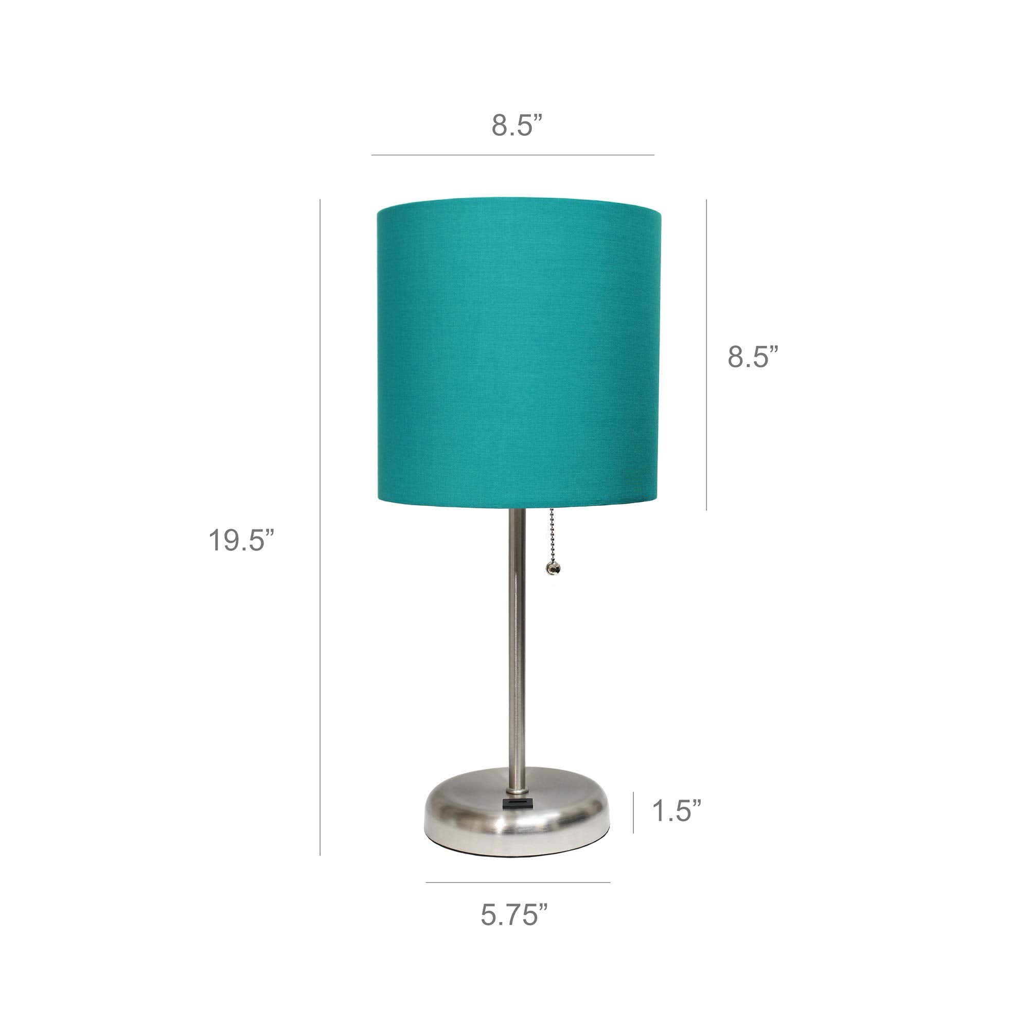 Simple Designs Lt2044-Tel Brushed Steel Stick Table Desk Lamp With Usb Charging Port And Drum Fabric Shade, Teal Shade