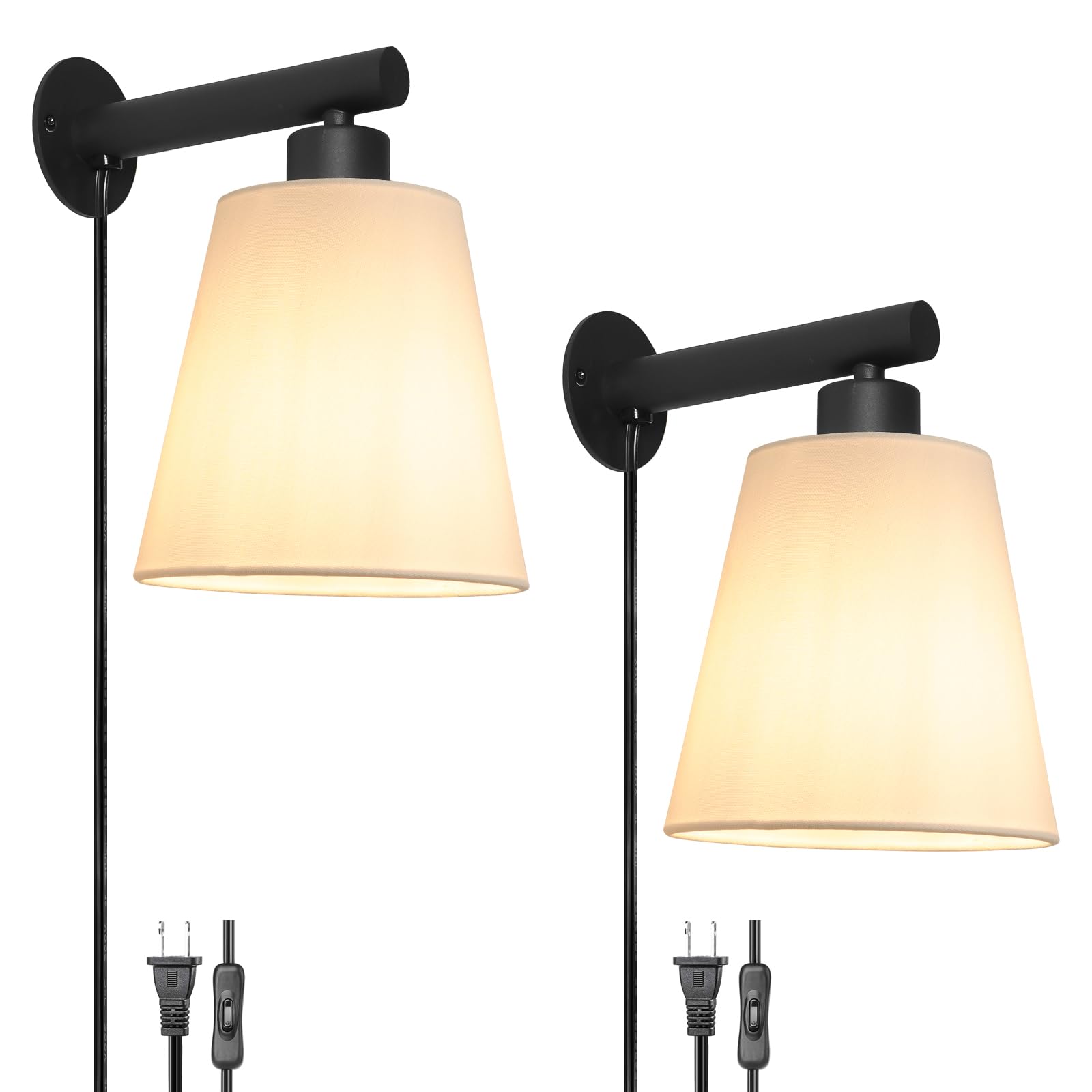 Oiyio Plug In Wall Sconces Set Of Two, Wall Lamp With Plug In Cord, Black Wall Sconce Light Plug In, Bedside Wall Mounted Light With Fabric Linen Shade, Plug In Wall Decor For Bedroom Living Room