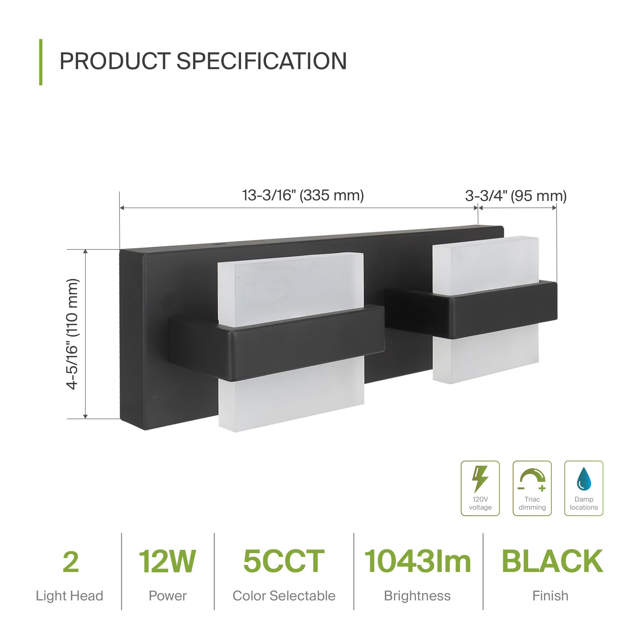 ASD LED Bathroom Vanity Light Fixture 2-Lights 12W 2700-6000K Dimmable Black A-LVF26M-2D12BK