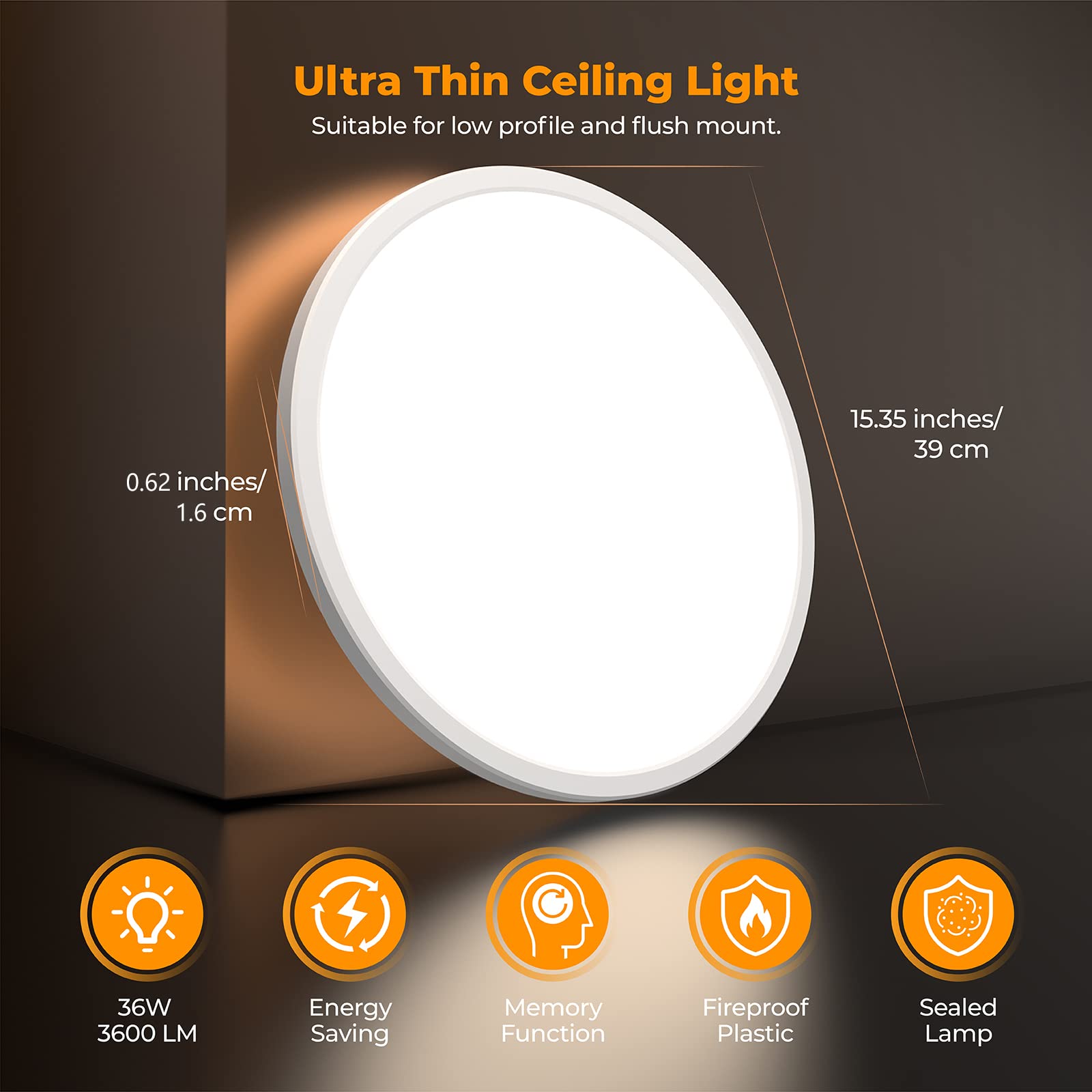 Blnan Led Flush Mount Ceiling Light With Remote Control, 15.4 Inch 36W 3000K-6500K Dimmable Ultra Thin Low Profile Wired Ceiling