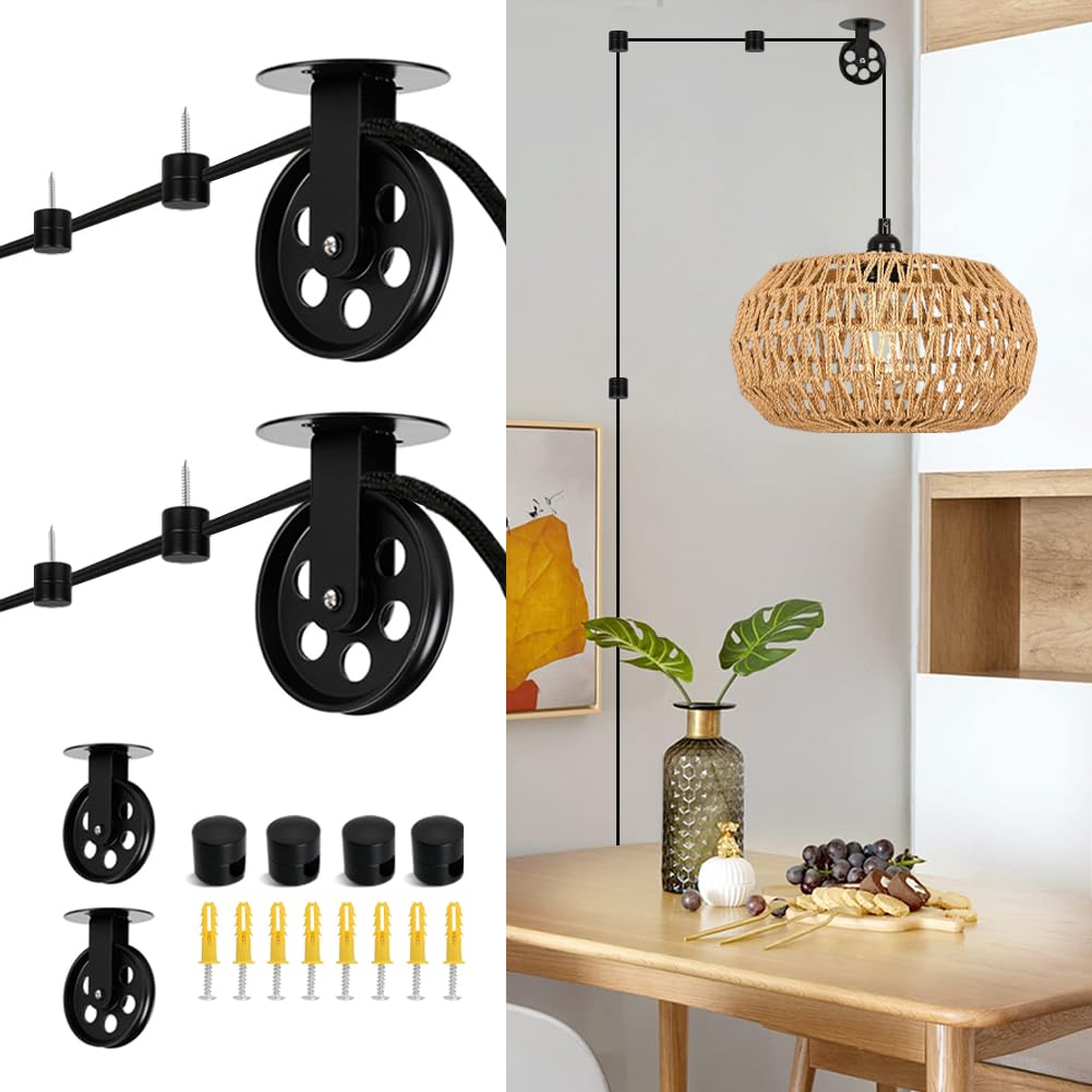 KOLTIME Black Pulley Wheels Set of 2 for Plug in Pendant Light Swag Ceiling Hooks for Hanging Lights with Cord, Aluminium Wall C