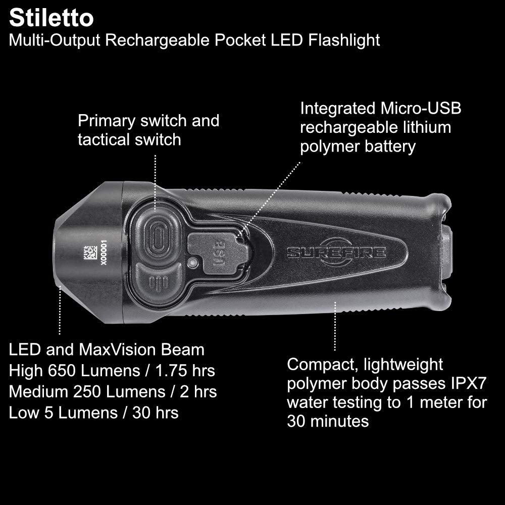 SureFire Stiletto Pocket Flashlight 650 Lumen LED PLR-A Bundle with Lumintrail USB Wall Adapter - Black