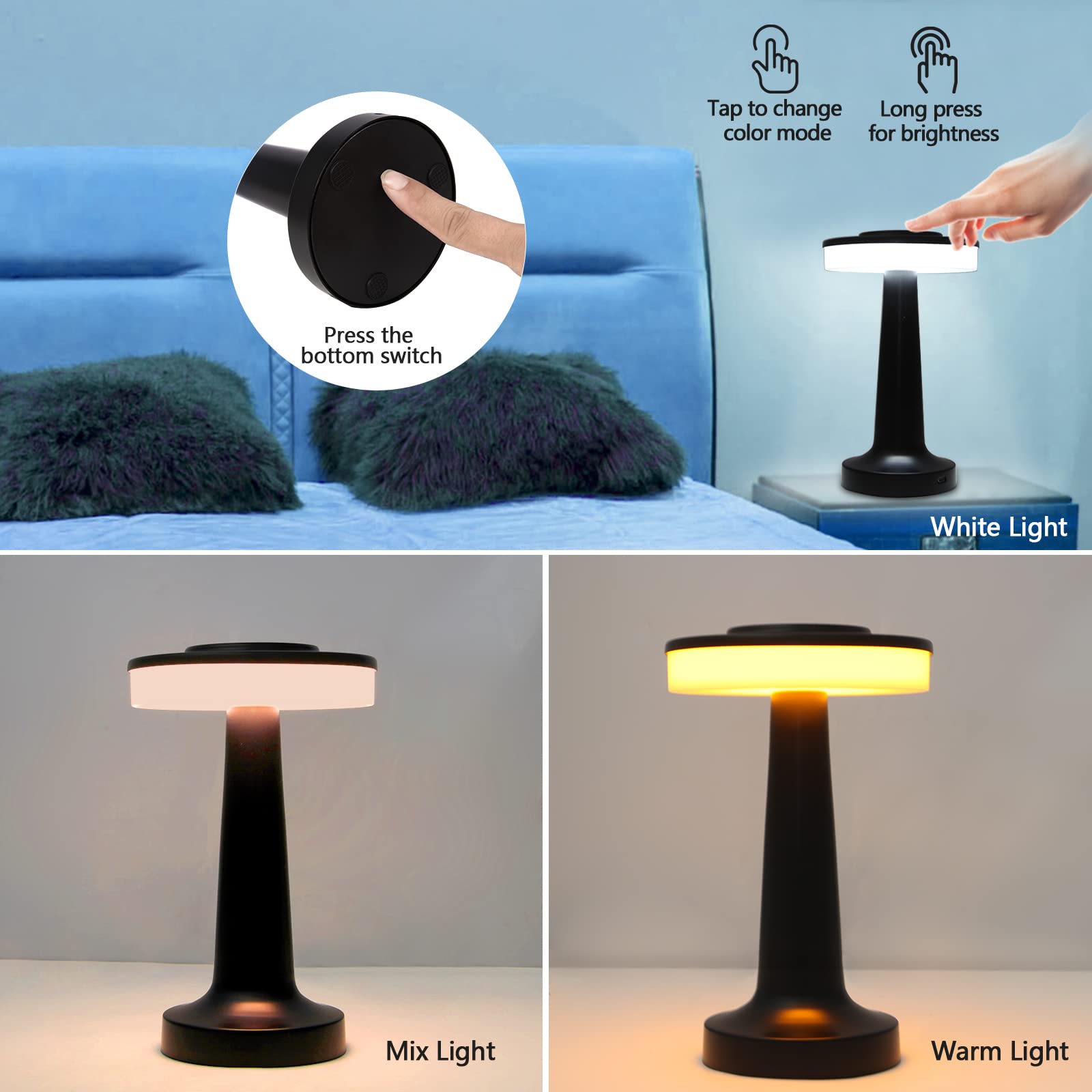 Sunligtgo Cordless Table Lamp, Portable Led Desk Lamp, Table Sensor Control Beside Lamps, Kids Night Light With Stepless Dimming & Charging Completed Tip Light & 3 Colors Changing