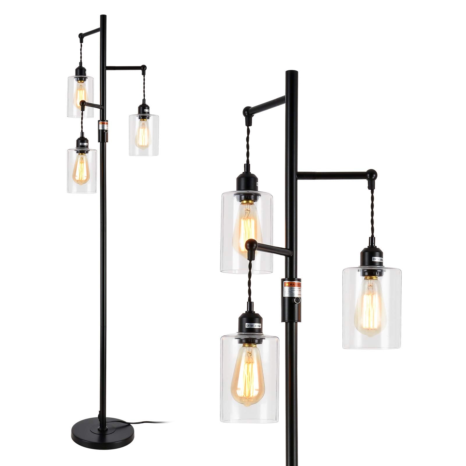 Airposta Industrial Floor Lamp with On/Off Dimmable Switch, 3-Head Rustic Tree Standing Lamp, Edison Bulb 40W Retro Tall Glass F