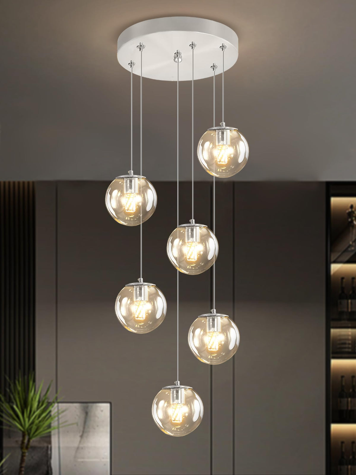 ykolupty Silver LED Staircase Chandelier 6-Light Clear Glass Ball Chandelier Dimmable Pendant Lights Large Chandeliers for High 
