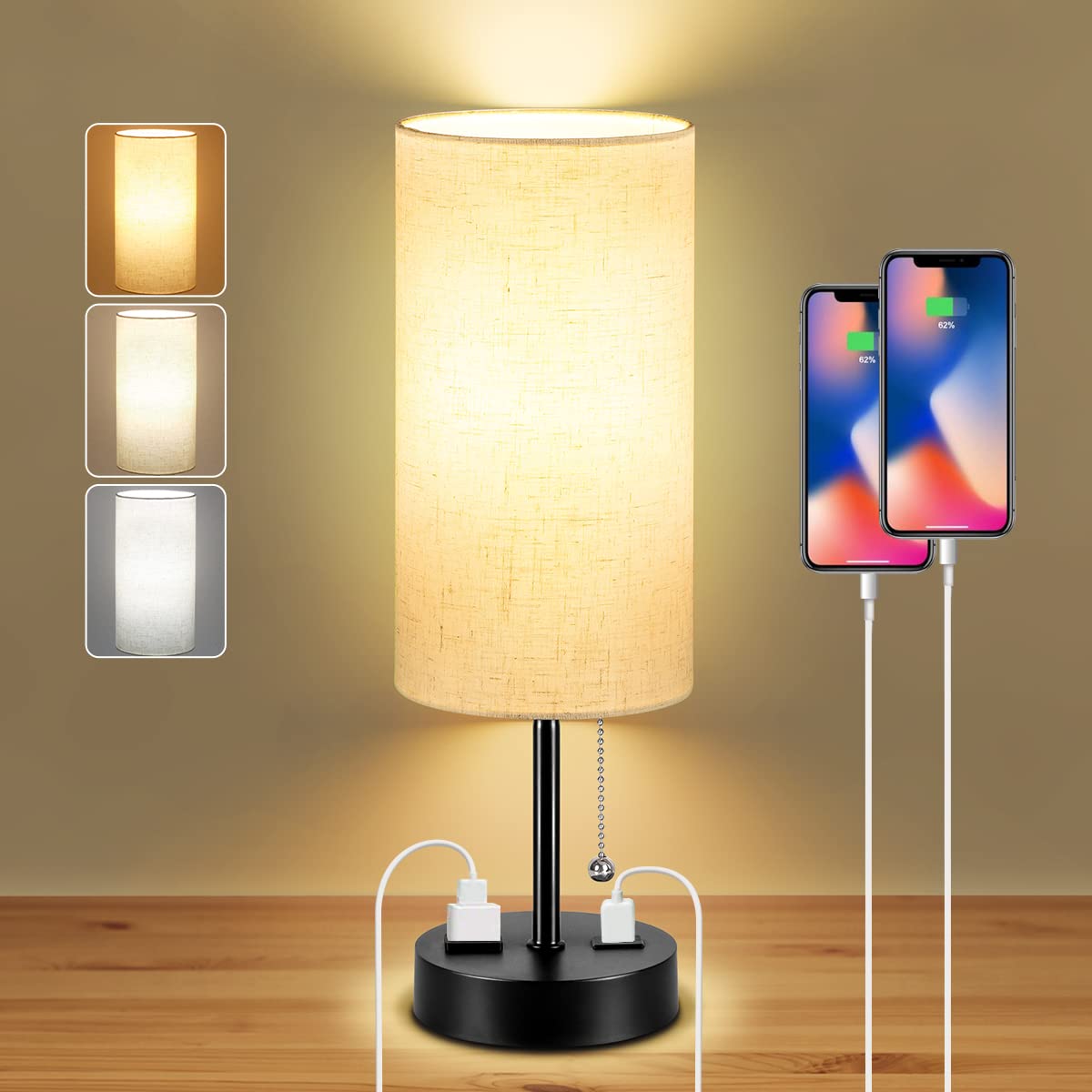 Dott Arts Table Lamp for Bedroom, 3Color Bedside Lamps with Pull Chain, Bedroom Table Lamps for Nightstand with USB Port & AC O