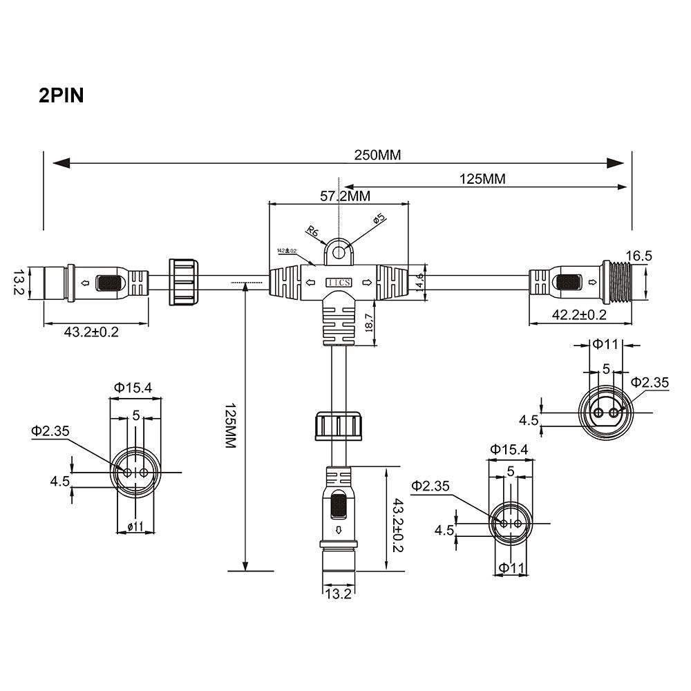 Btf-Lighting 5 Pcs 2 Core 2 Pin Black Plastics Ip65 T Shape Tee Big Size Connector 1 Male Ends 2 Female End 0.75Mm²/18Awg 22Mm Nut