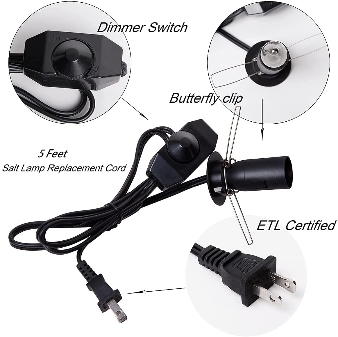 OHLGT Salt Lamp Cord Replacement with Dimmer Switch, E12 Socket, 5ft Cord, Includes 6 Halogen Bulbs, C Type Clip Socket, Plastic