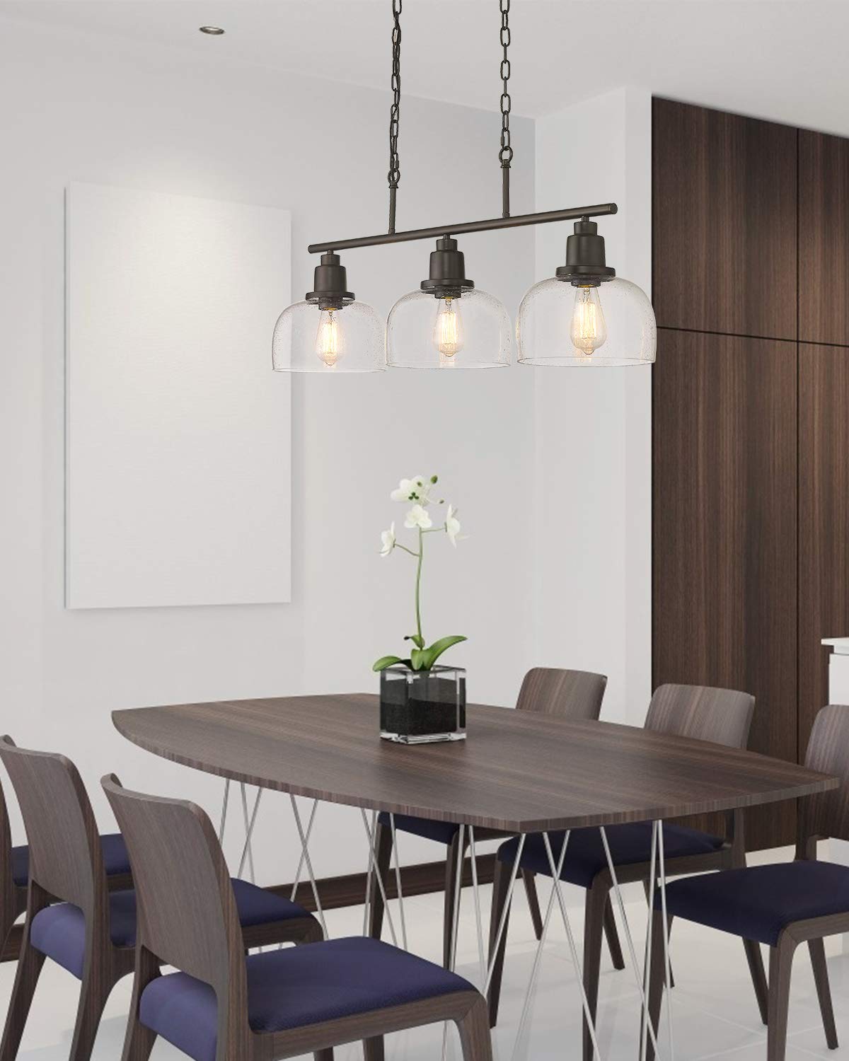 Eapudun 3-Light Farmhouse Chandelier, Oil Rubbed Bronze Pendant Light With Seeded Glass