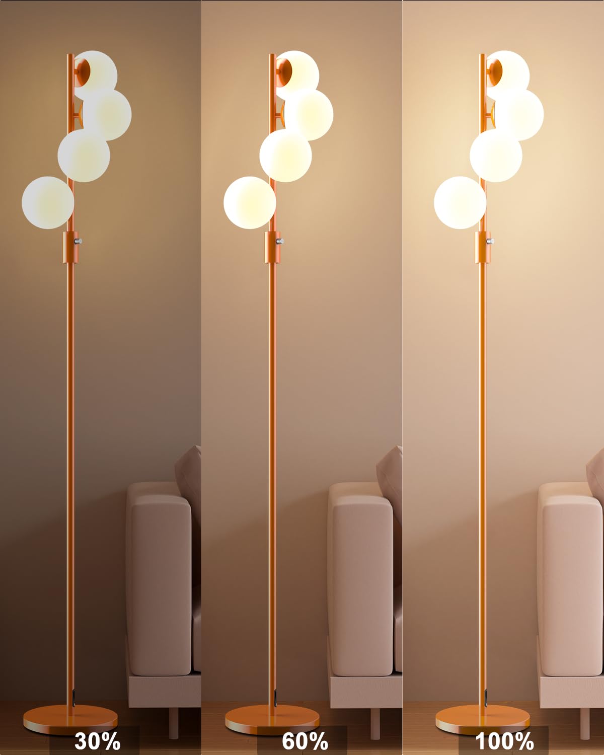 Lightdot 64In Dimmable (Brightness Adjustable) Globe Floor Lamp, Orange Pole Standing Lamps With 4Pcs 3000K G9 Bulbs Soft Warm W