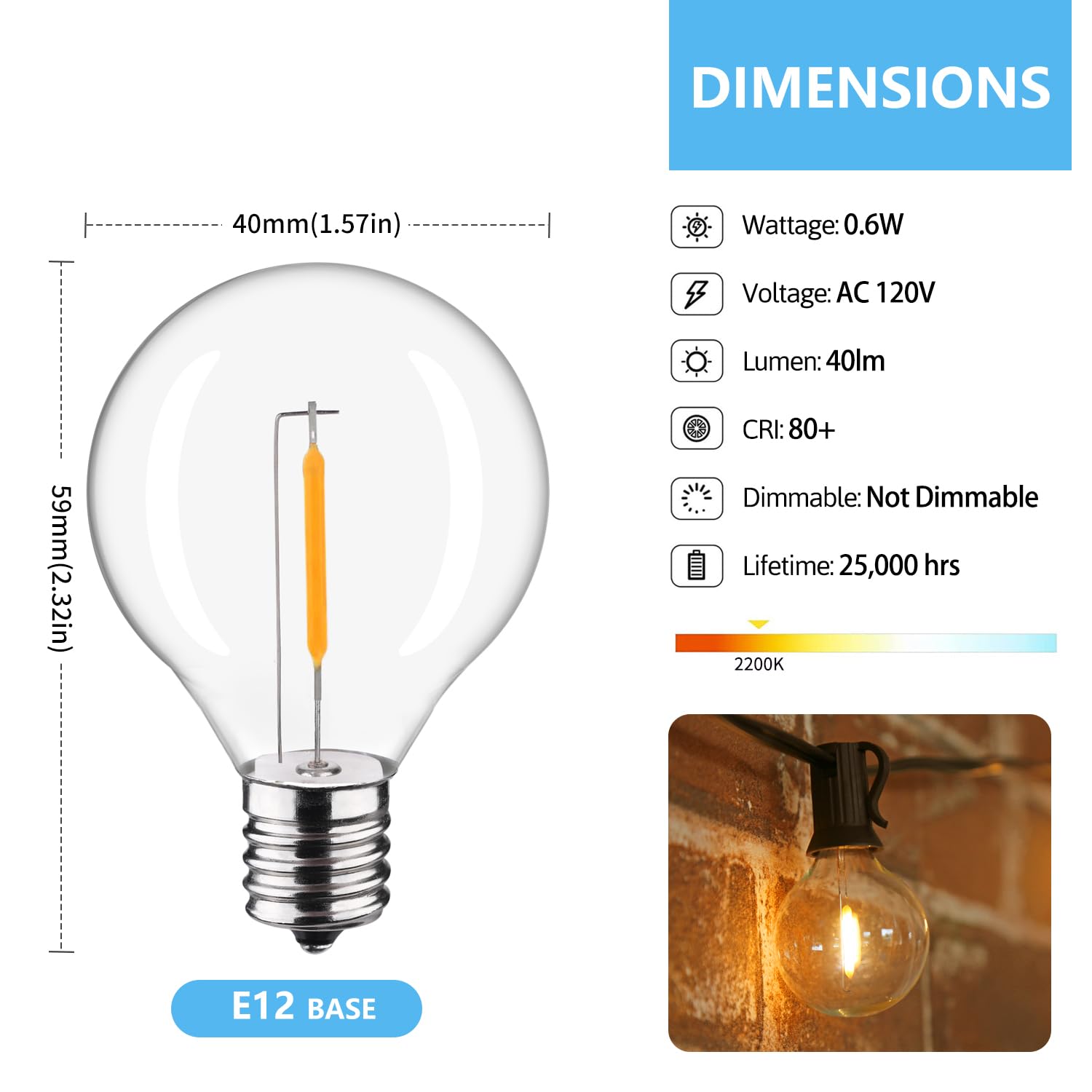 Lieidi 25-Pack G40 Led Replacement Light Bulbs, E12 Screw Base Shatterproof Globe Bulbs For Outdoor String Lights, 0.6Watt Equva