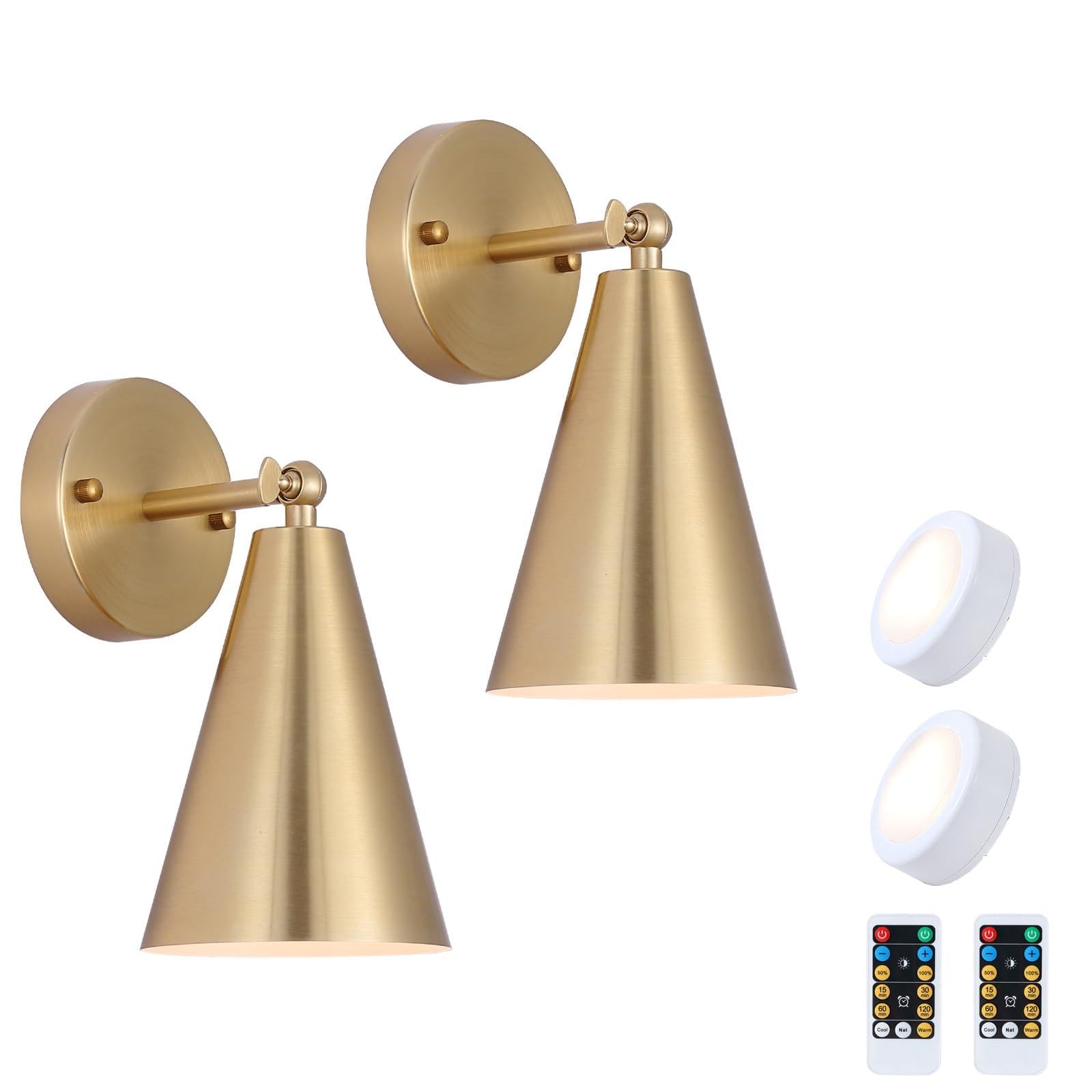 MWZ Gold Wall Sconces Set of Two, Wireless Dimmable Indoor Lighting with Remote Control, Adjustable Angle, Model W-XL115