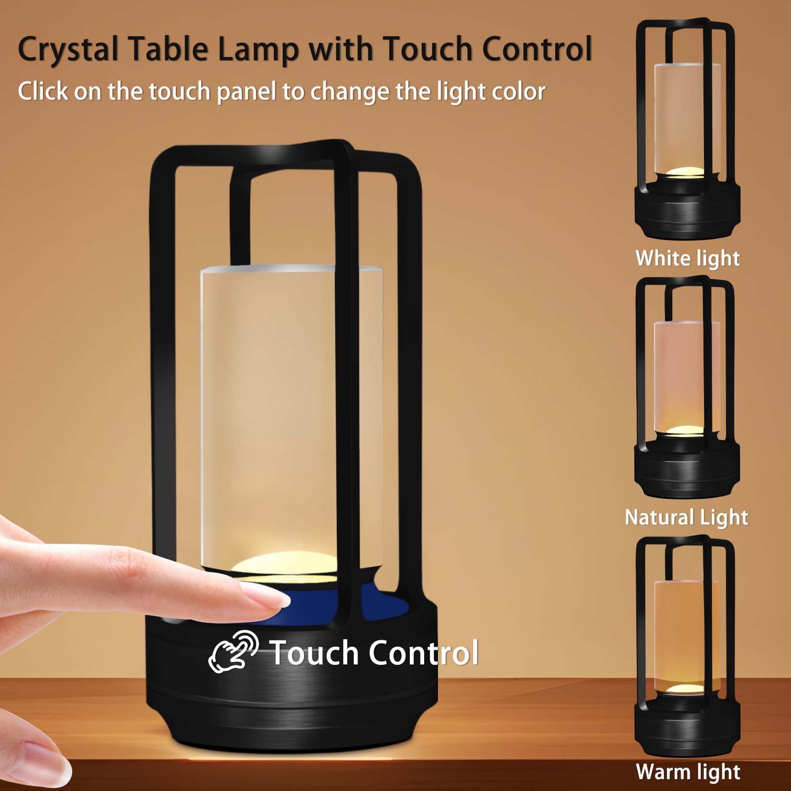 MEINV Cordless Table Lamp - Portable Crystal Lantern, Touch Control, 3 Dimmable Colors, Small, Black, Model CTL001