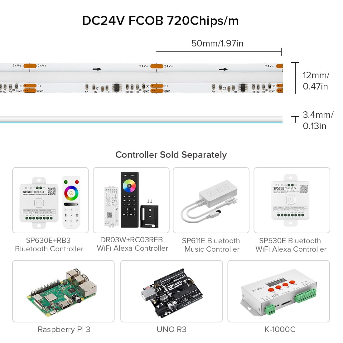 BTF-LIGHTING RGB COB LED Strip, 720LED/m, 32.8FT, DC24V, Flexible, White PCB