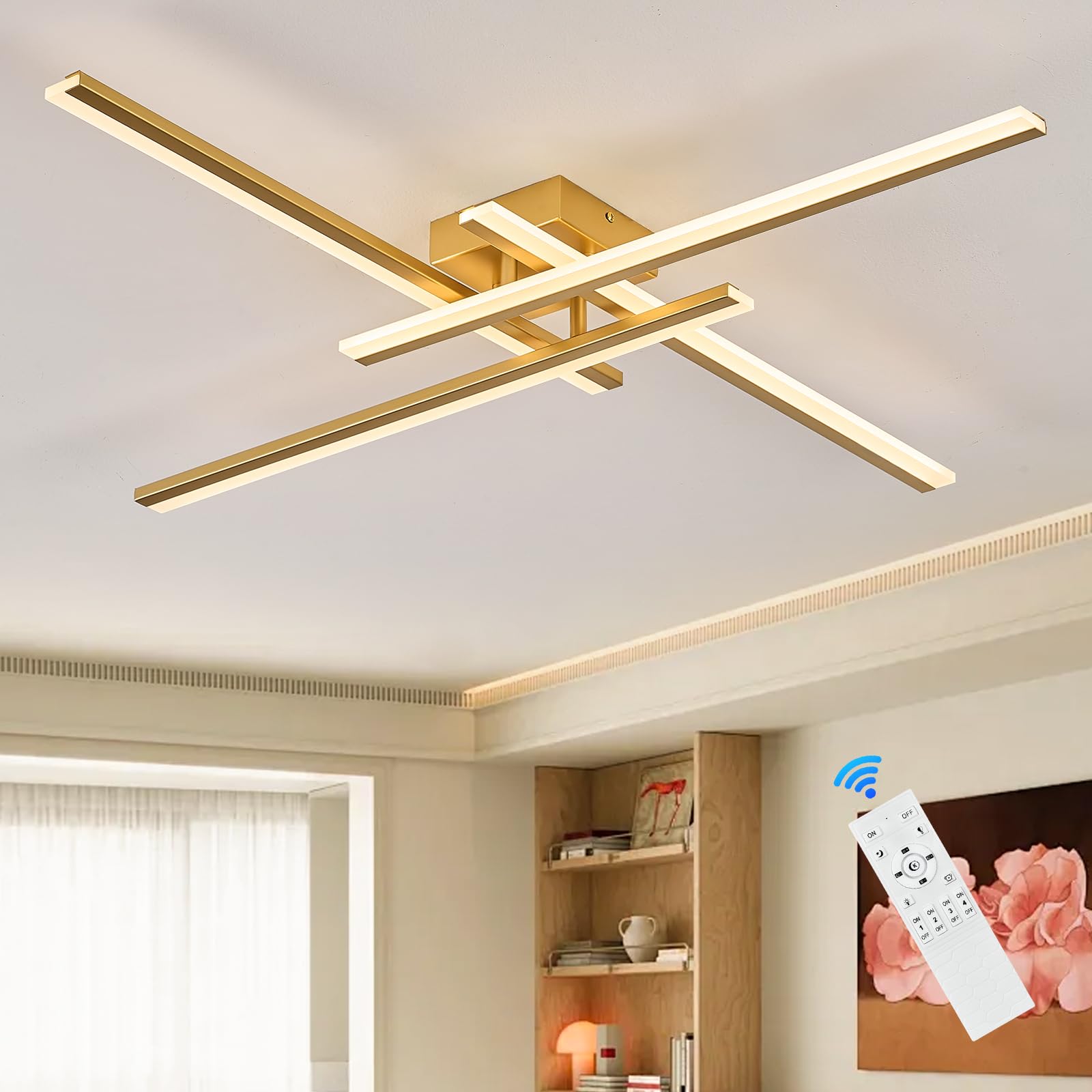 Airyphant Gold Modern Led Chandelier 4-Lights Semi-Flush Mount Ceiling Lighting Fixture 35.4  Dimmable Remote Control Ceiling Light For Living Room Bedroom Kitchen Foyer