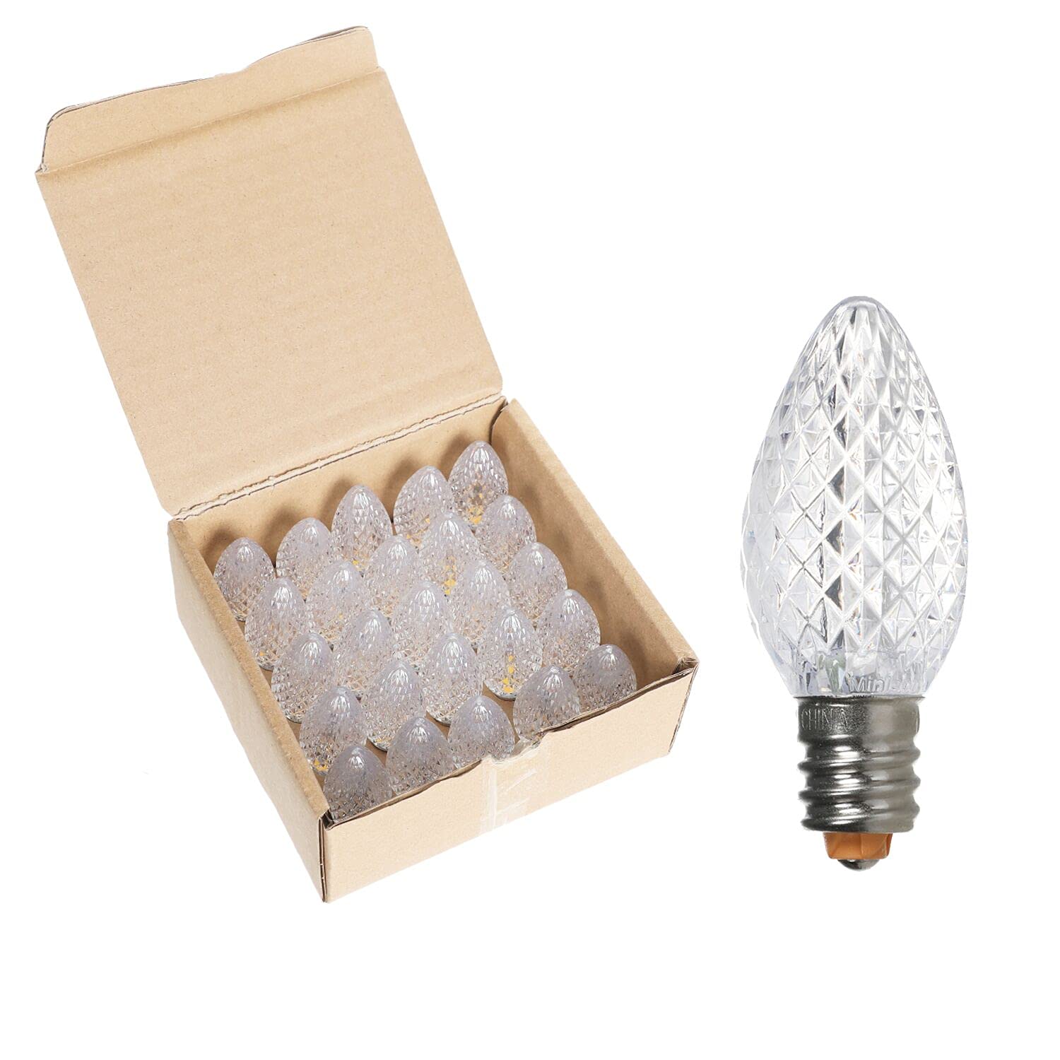 Pack Of 25 C7 Led Outdoor Christmas Lights Replacement Bulbs For Holiday Decoration,Ul Ip65 Waterproof Dimmable Faceted C7 Light