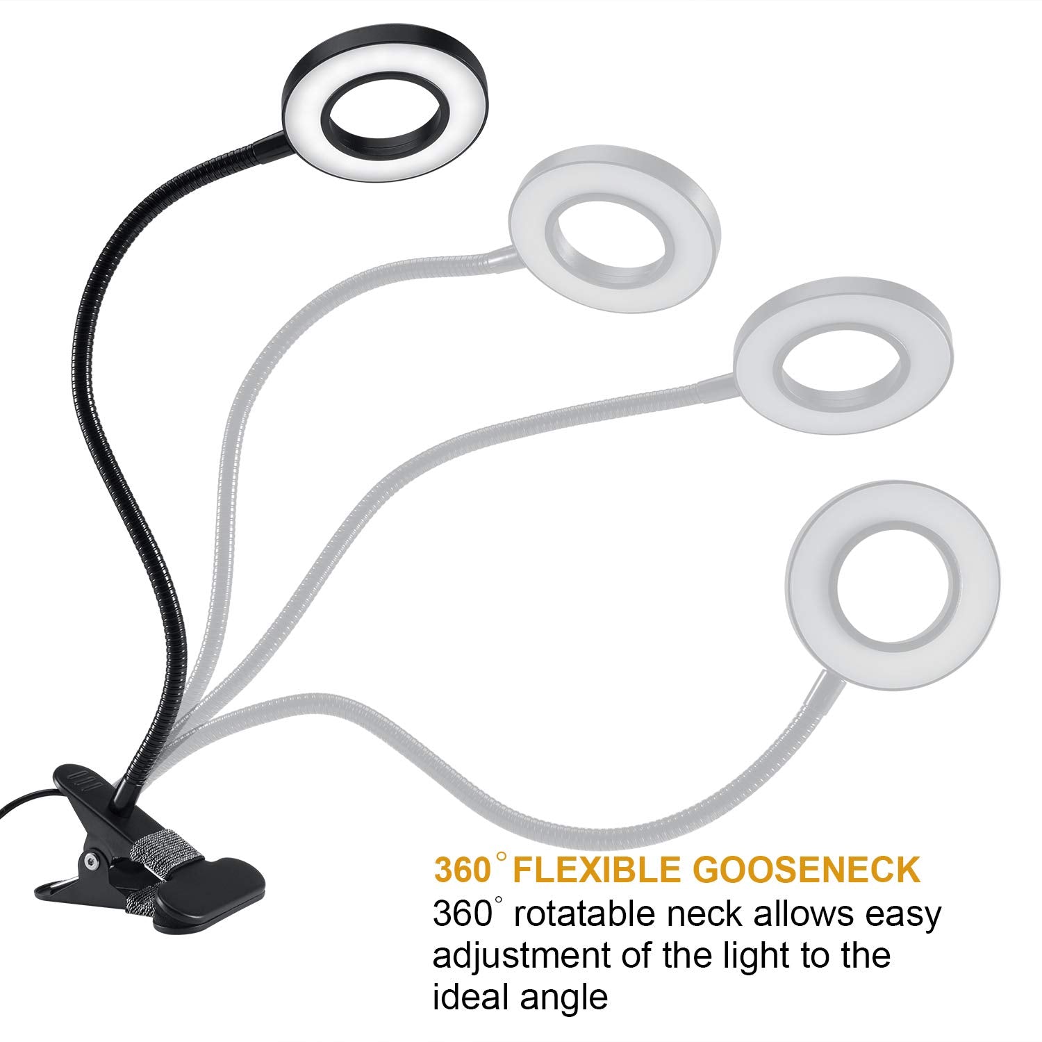 Qqappu Clip Light - 48 Led Clamp-On Desk Lamp, 3 Color Modes, 10 Brightness Levels, Flexible Gooseneck, Black
