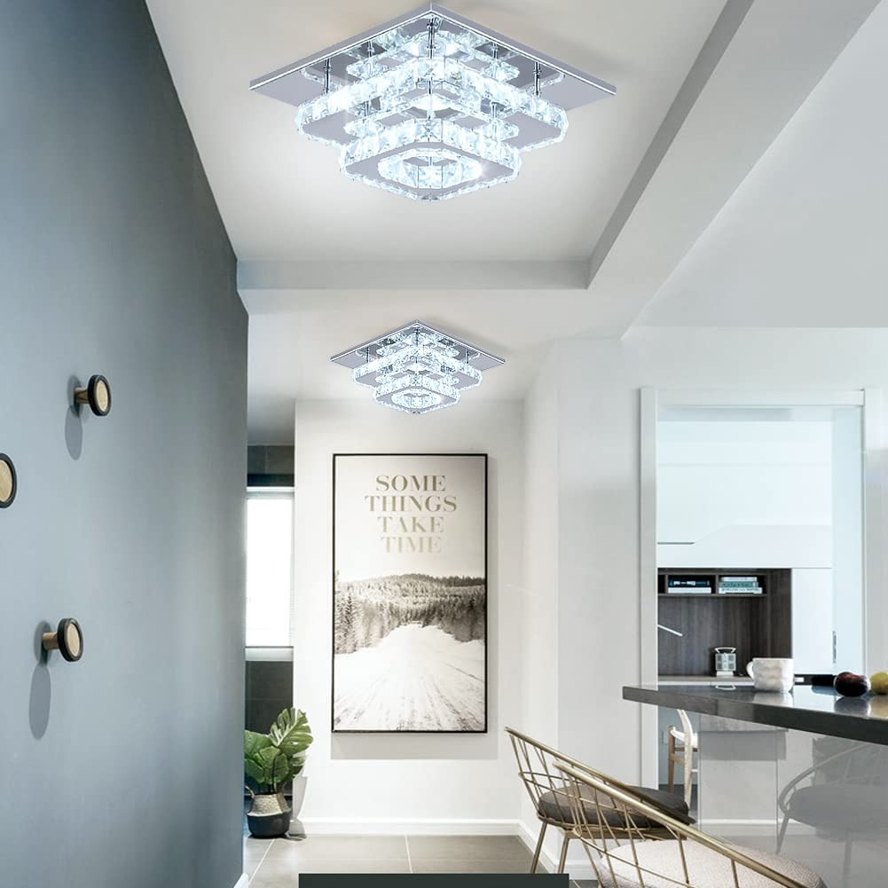 Finktonglan Crystal Led Ceiling Light, Stainless Steel Modern Flush Mount Chandelier, Multi-Color