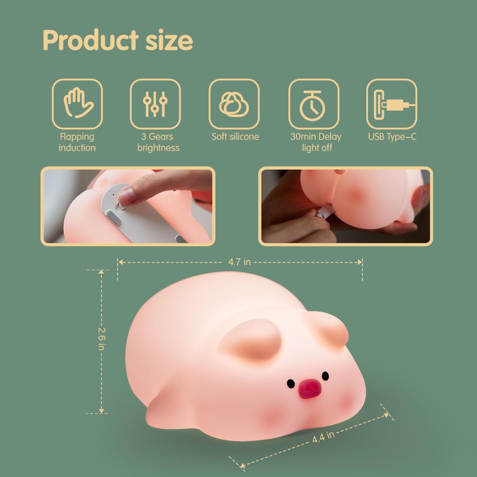 Vtiger Pink Pig Night Light, Led Squishy Cute Lamp,Night Light For Kids,Silicone Pig Light, Dimmable Girls Baby Bedroom Nightlig