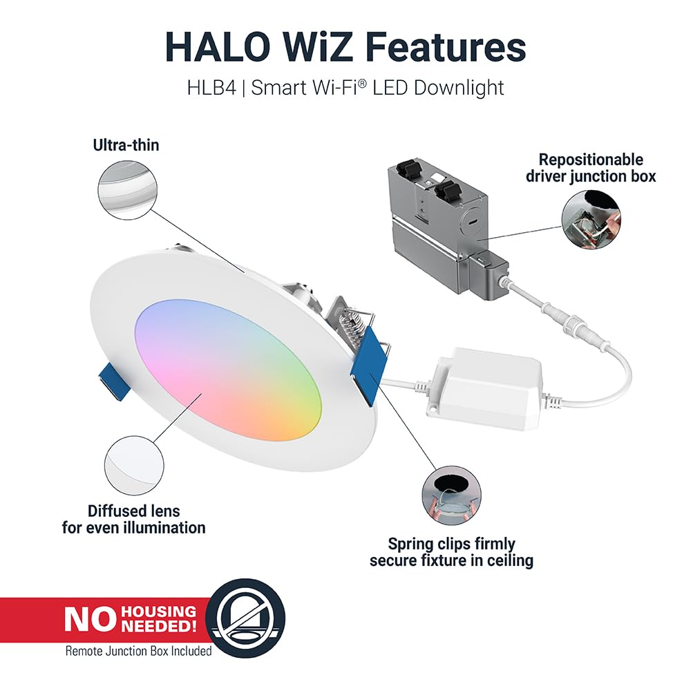 Halo 4 Inch Color And Tunable White Slim Canless Smart Wi-Fi Led Recessed Downlight With Wiz Pro