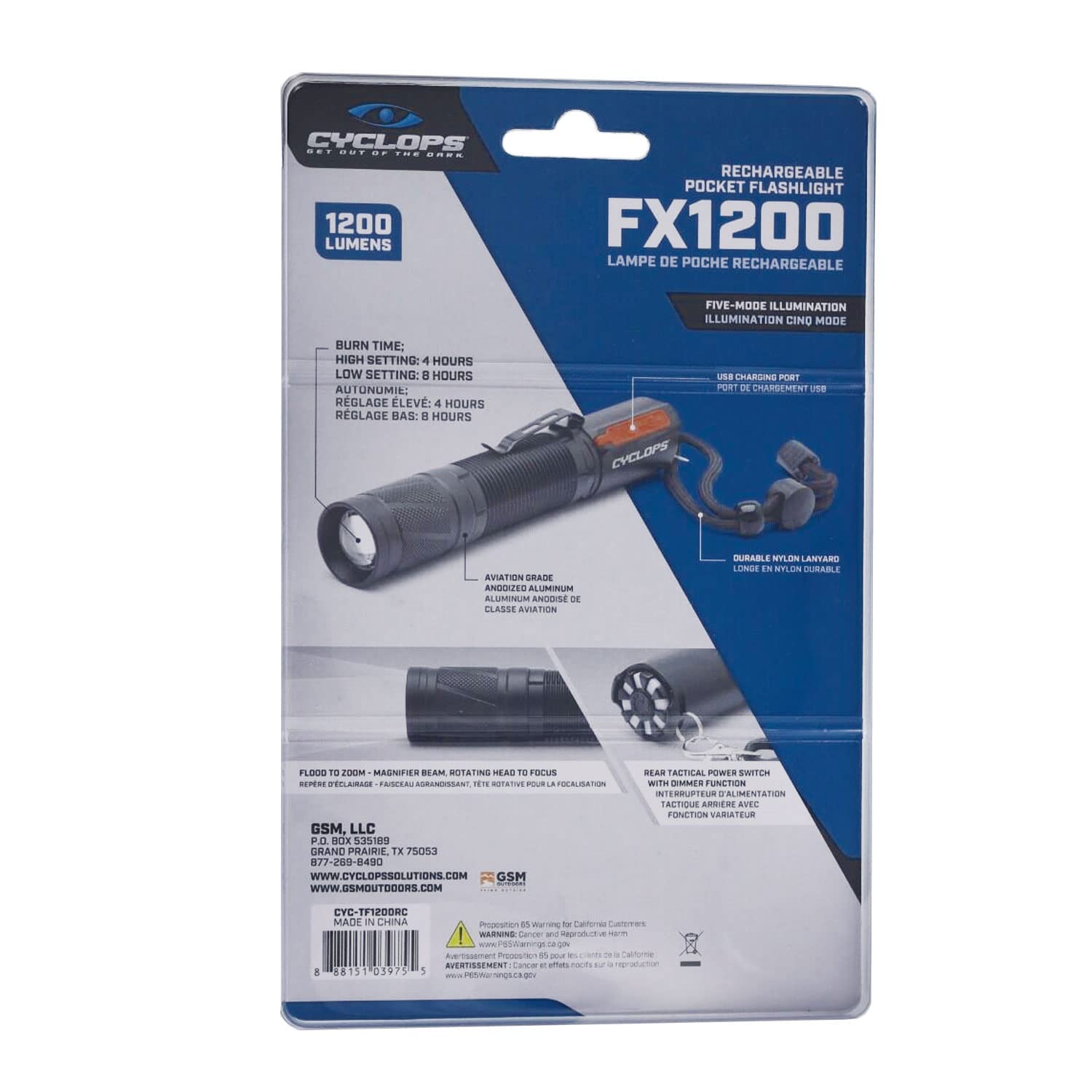 Cyclops Handheld Aluminum Housing 1200 Lumens Rechargeable Pocket Flashlight For Camping, Hiking, Emergency