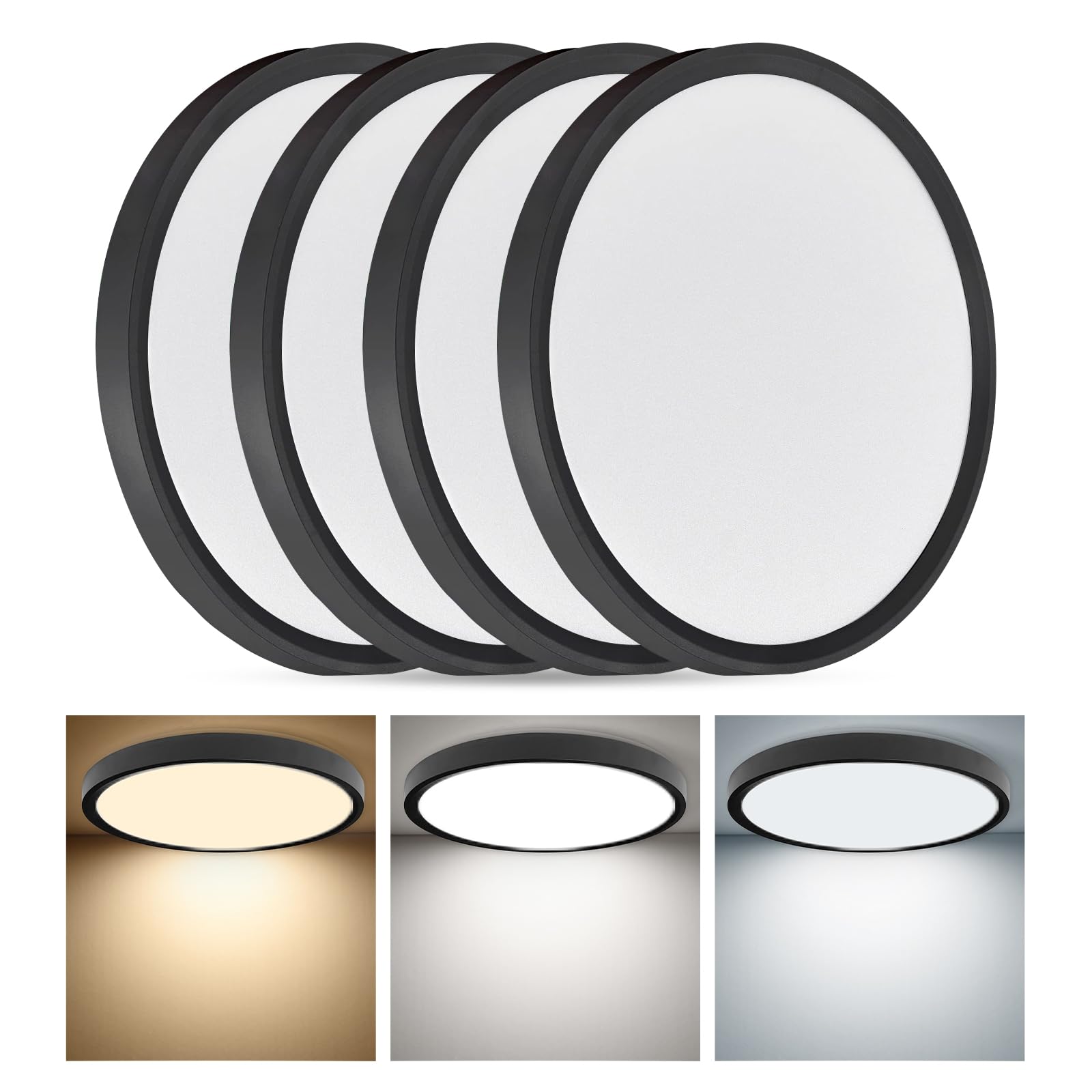 4Pk 12 Inch Led Flush Mount Ceiling Light,24W, 2520Lm, 3000K/4000K/6000K Cct Selectable,0.9Inch Super Slim Led Ceiling Light, Low Profile Round Flat Panel Light For Bedroom,Kitchen,Hallway(Black)