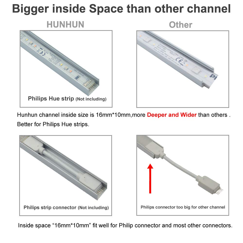 Hunhun 10-Pack 6.6Ft/ 2Meter Plus-Size U Shape Led Aluminum Channel System With Milky Cover, End Caps And Mounting Clips, Aluminum Profile For Led Strip Light, Special For Philips Hue Strip