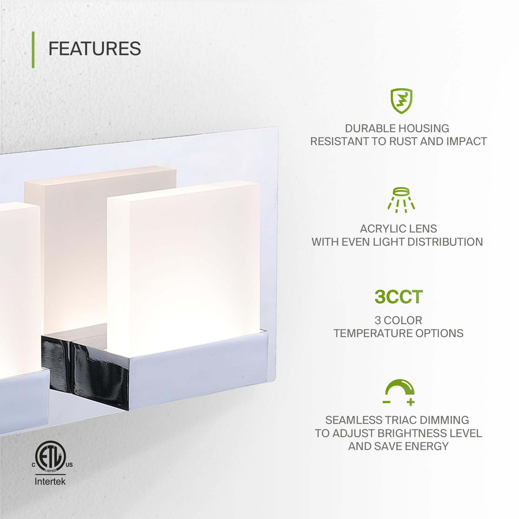 ASD 18-Inch LED Bathroom Vanity Light Fixture, 3-Lights 15W, Dimmable, Chrome, ETL Listed, Model A-LVF24M-3D15CC