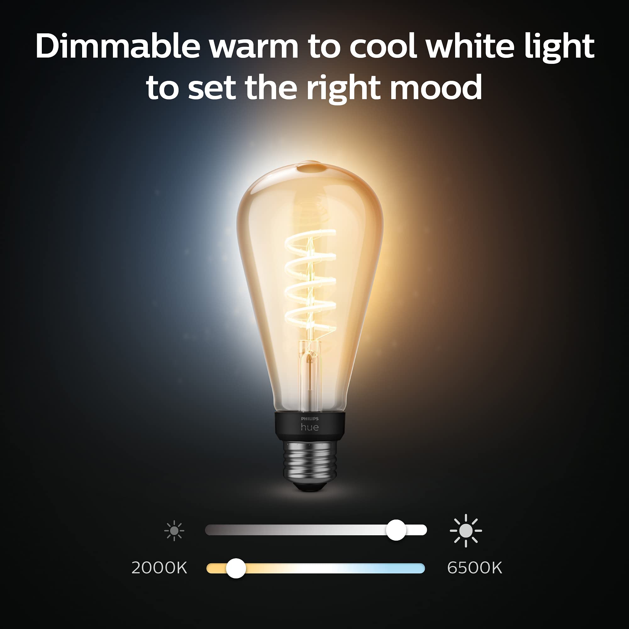 Philips Hue White Ambiance Smart Filament Bulb, Dimmable LED, 2 Count, Warm-White to Cool-White, Bluetooth, Voice Activated, Model R2563908