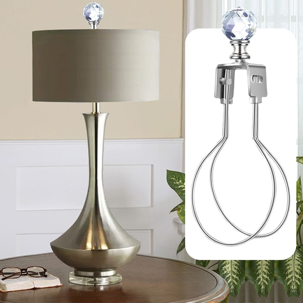 Asjeumt 2Pcs Lamp Shade Light Bulb Clip Adapter Kit, Nickel Lampshade Holder Adapter With Crystals Top Finial, No Harp Required, Clip On Bulb, Diy Replacement Repair Table & Floor Light Metal Parts
