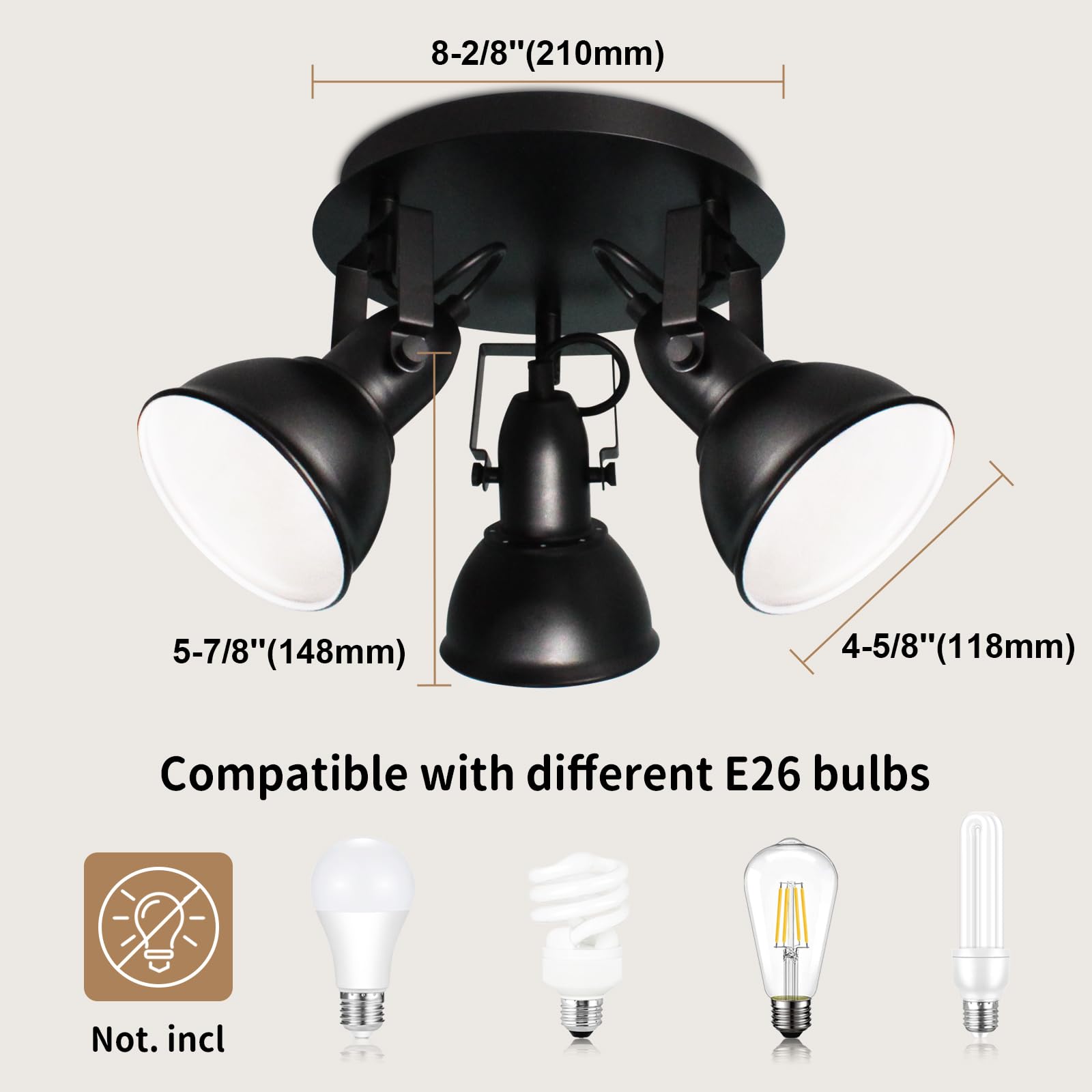 Ltblight 3-Light Ceiling Light Fixture, Rotatable Spot Light Kit, Industrial Black Track Lighing With Round Plate Spotlights For