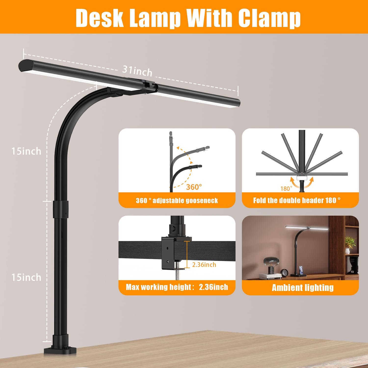 Akrryr Led Desk Lamp For Home Office,24W Bright Eye-Caring Desk Light With Clamp,5 Brightness And 5 Temperatures Dimmable Workbe