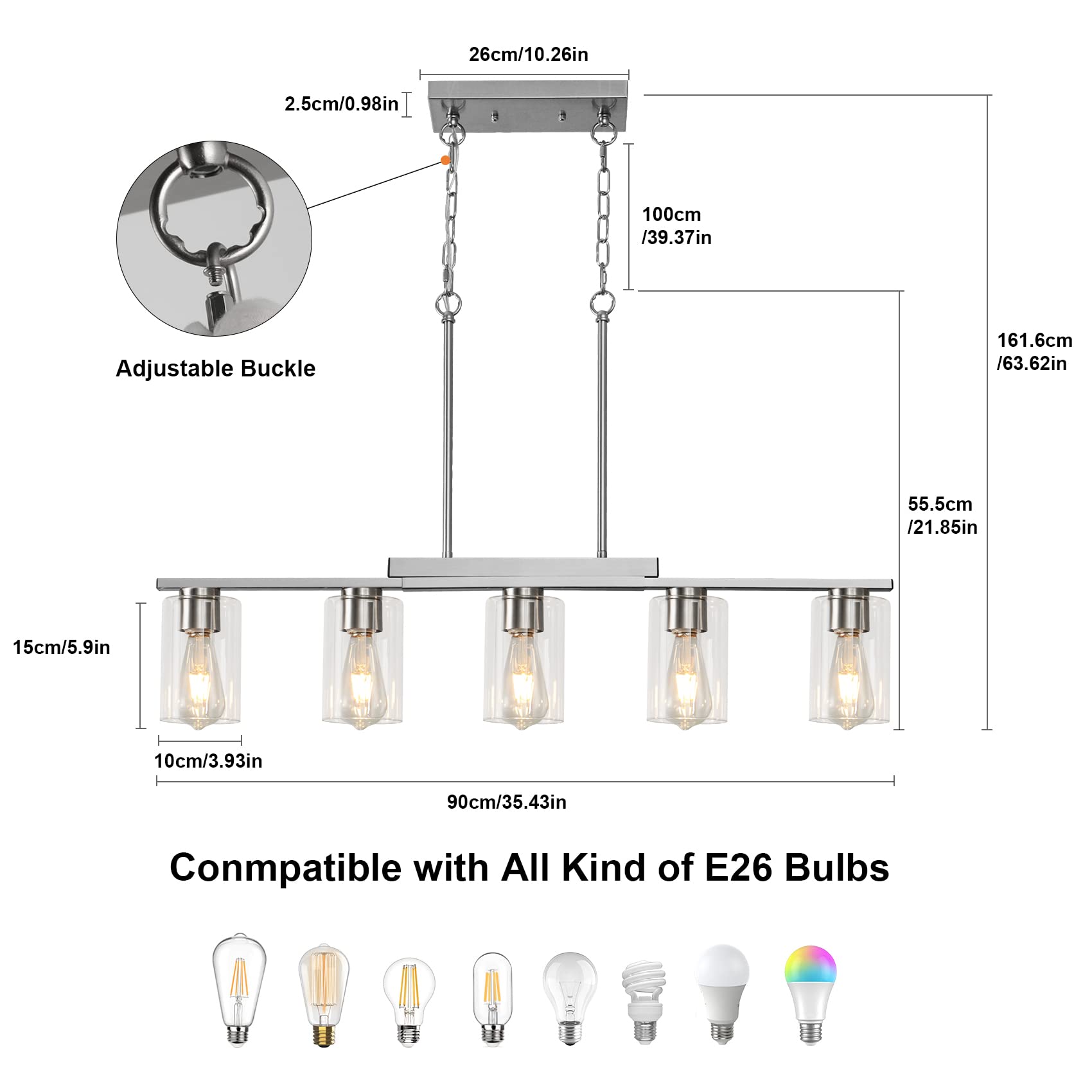 Wilon Pendant Lighting For Kitchen Island, 5-Light Dining Room Light Fixture, Kitchen Island Lighting With Clear Glass Shade Bru