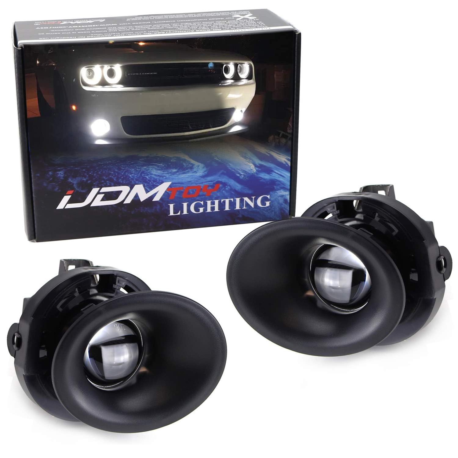 iJDMTOY Projector Lens Foglamp Kit w/Xenon White LED Fog Light Bulbs  Bezel Covers and Wiring Harness Switch Compatible With 2015-2022 Dodge Challenger