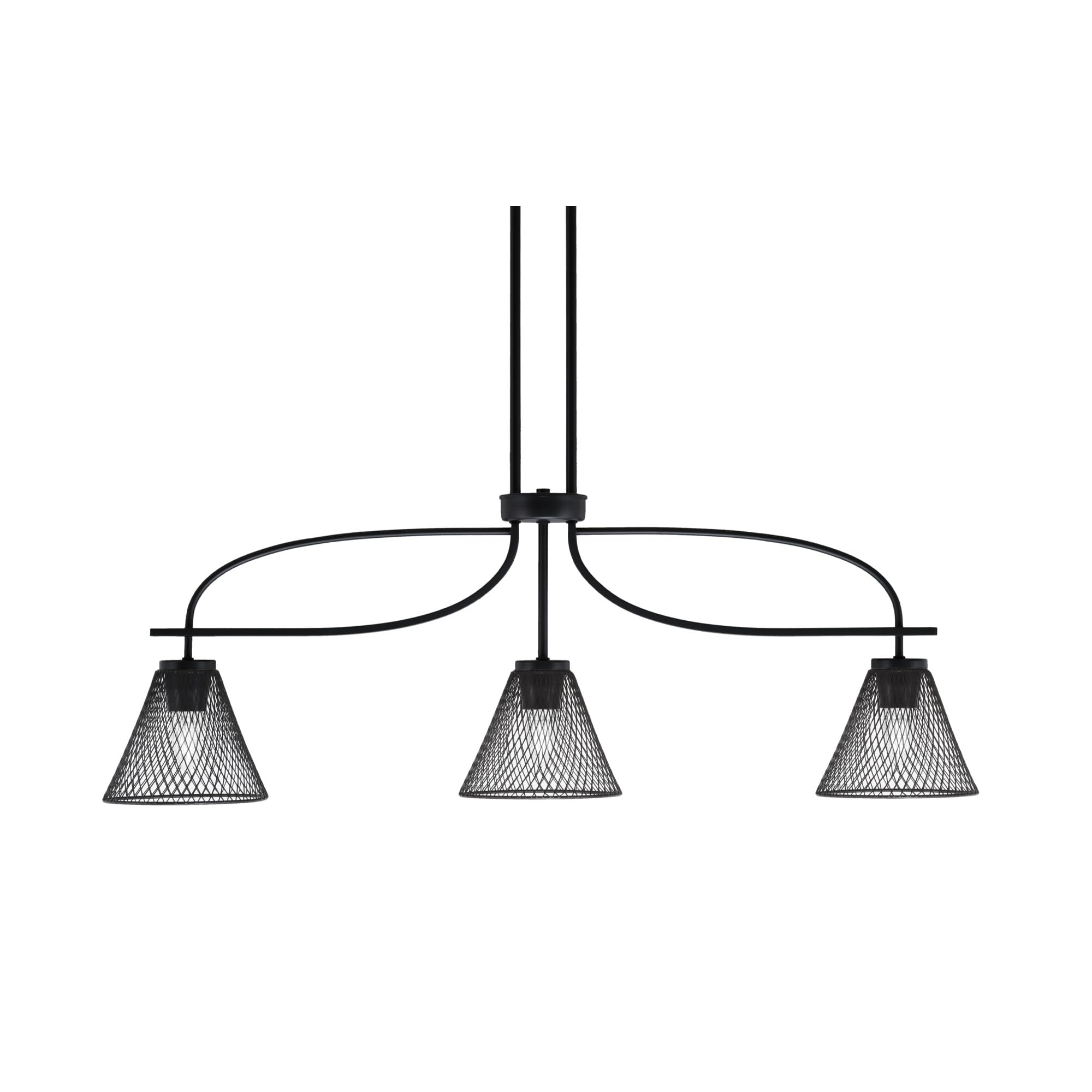 Cavella 3 Light Island Light Shown in Matte Black Finish with 7&quot; Matte Black Cone Mesh Metal Shades