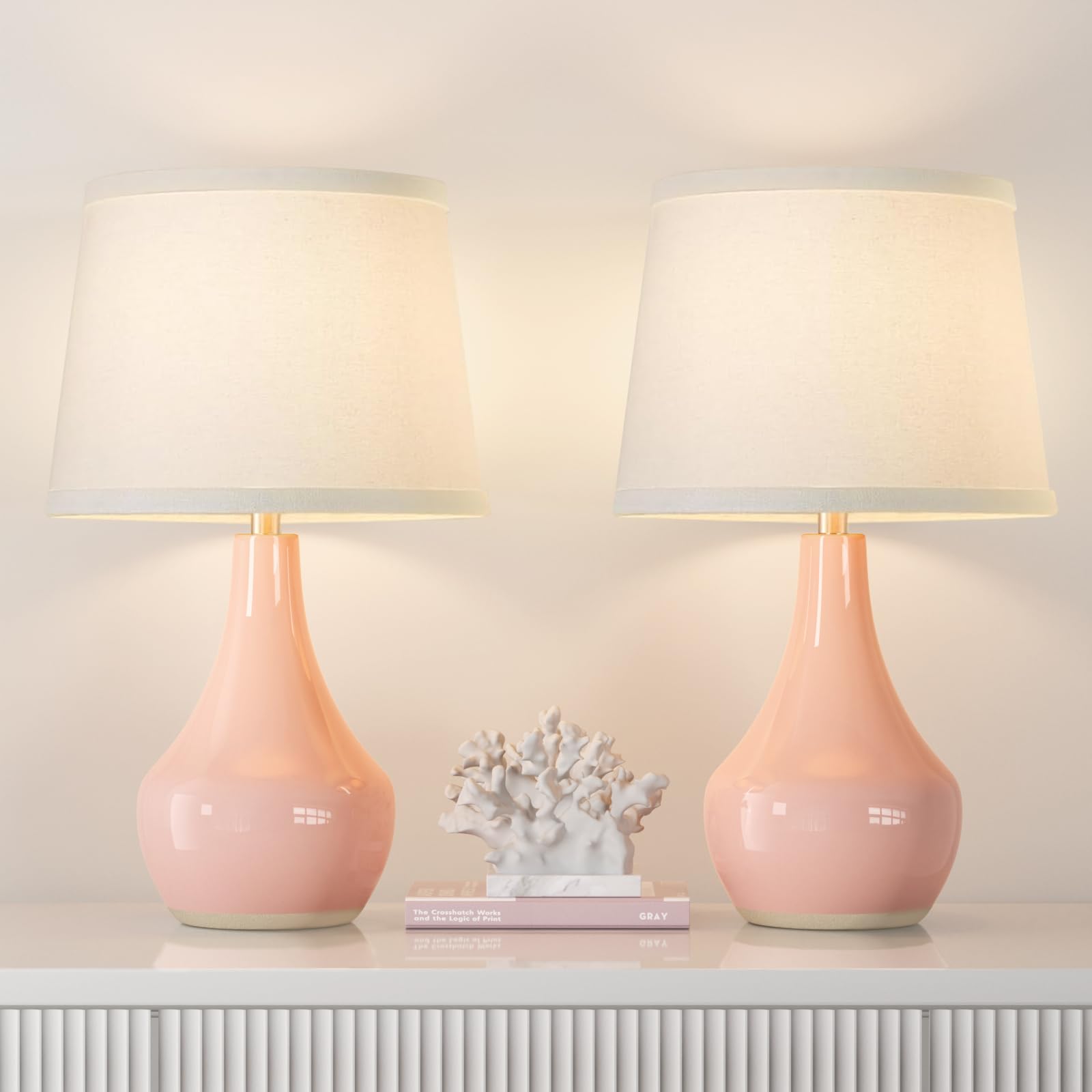 Seealle 19.4'' Modern Ceramic Table Lamps for Night Stands - Bedside Lamps Set of 2 for Nightstand, Pink Bedroom Lamp for Living