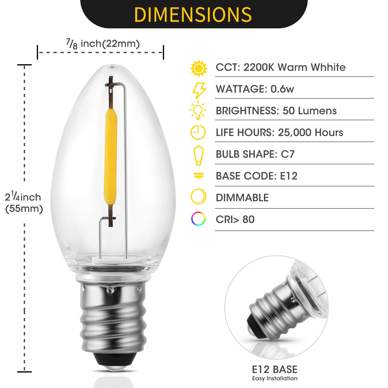 Meconard Accessory Cord With C7 Led Light Bulb, 6Ft Cord With On/Off Switch For Christmas Village House, Halloween Pumpkin, Blow Mold, Night Lights, Holiday Ceramic Trees, Craft Projects, 2 Pack