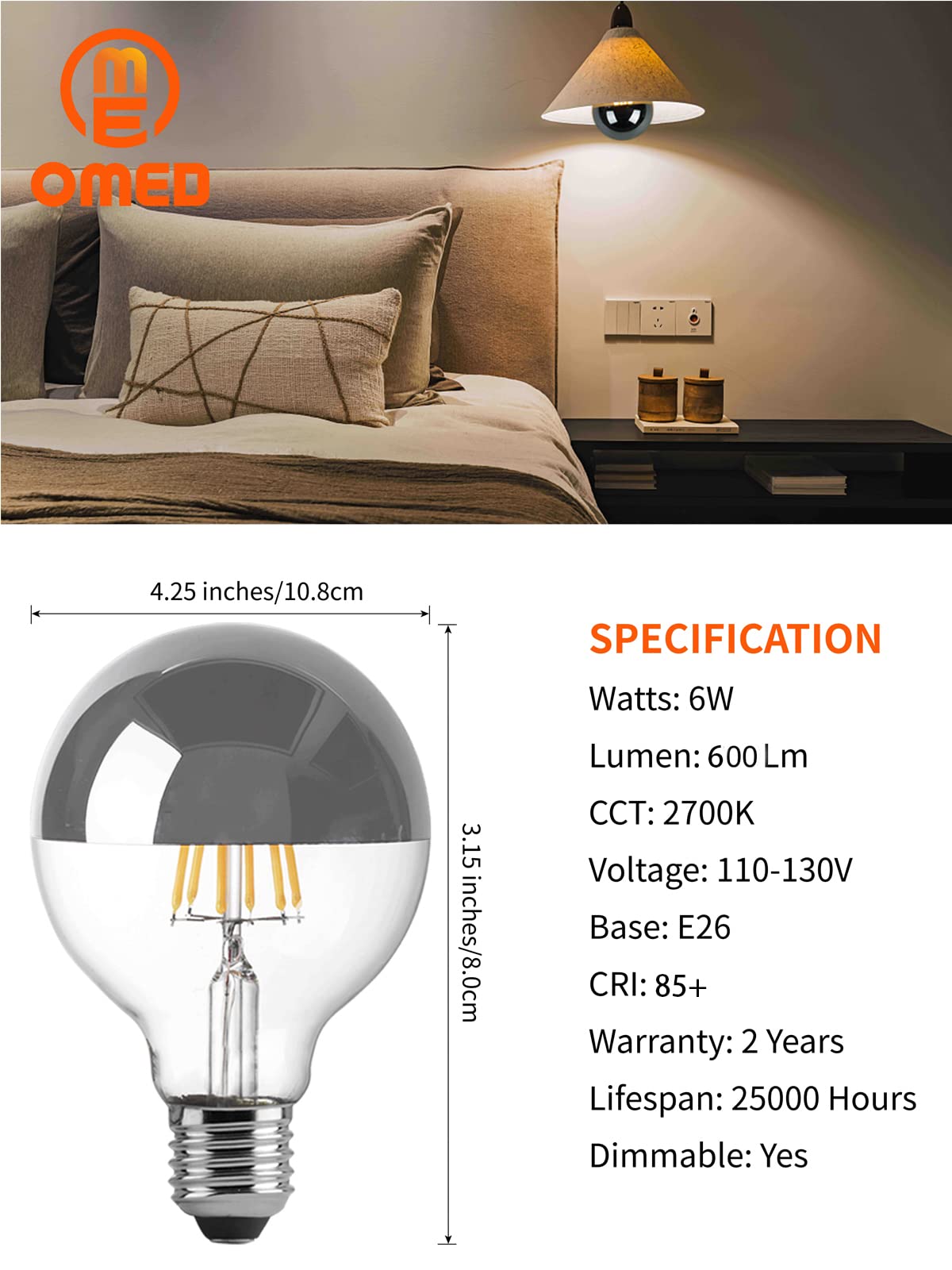 Omed G80 Anti Glare Half Silver Chrome Dimmable Led Light Bulbs 6 Pack, E26 2700K Soft White Globe Tipped Edison Bulbs, 6 Watt 6