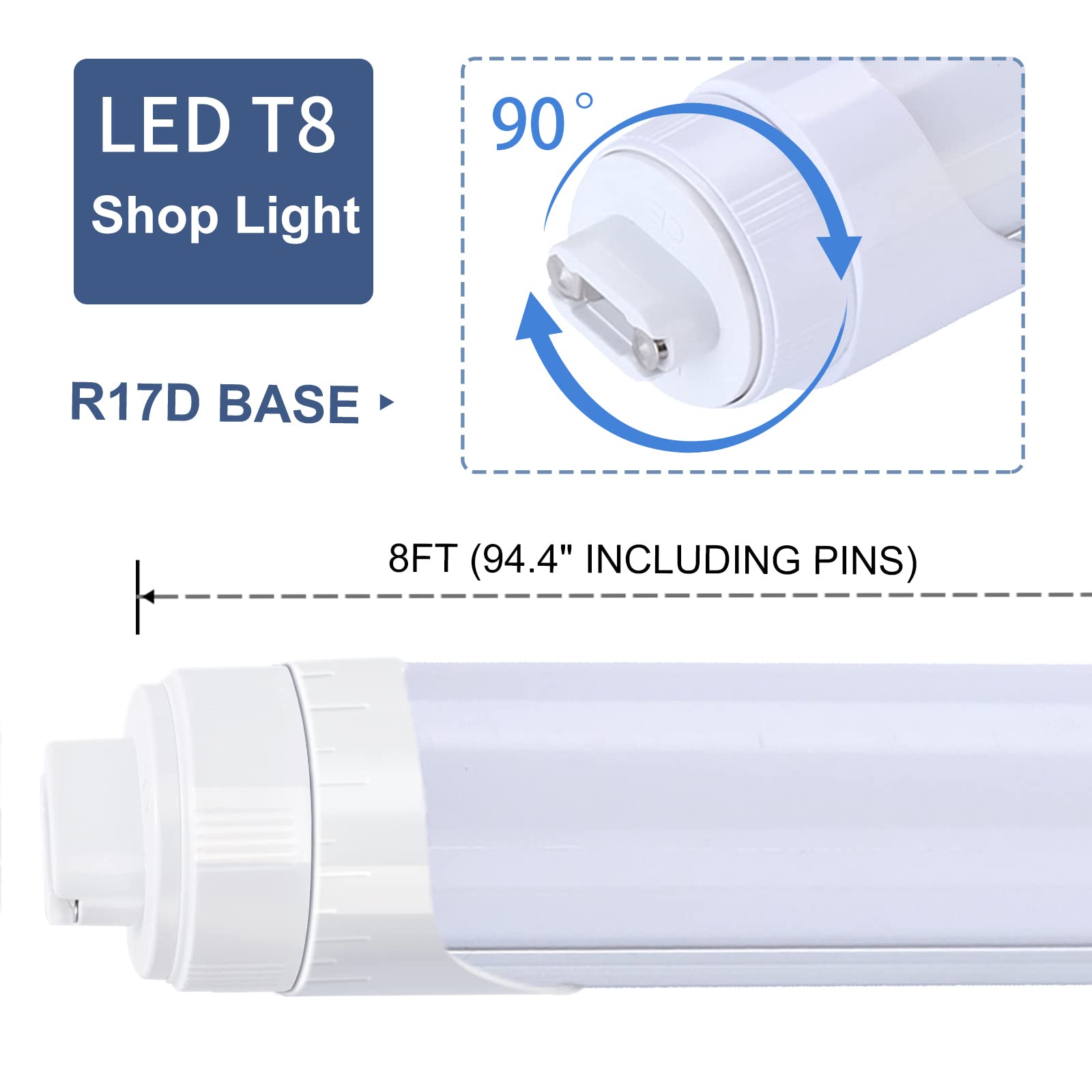 Ligheart Led Bulbs 8 Foot, 2 Pin, 45W 6000K, T8 Led Tube Lights, R17D Ho Rotatable 8' Shop Lights, Frosted Cover, Dual-Ended Pow