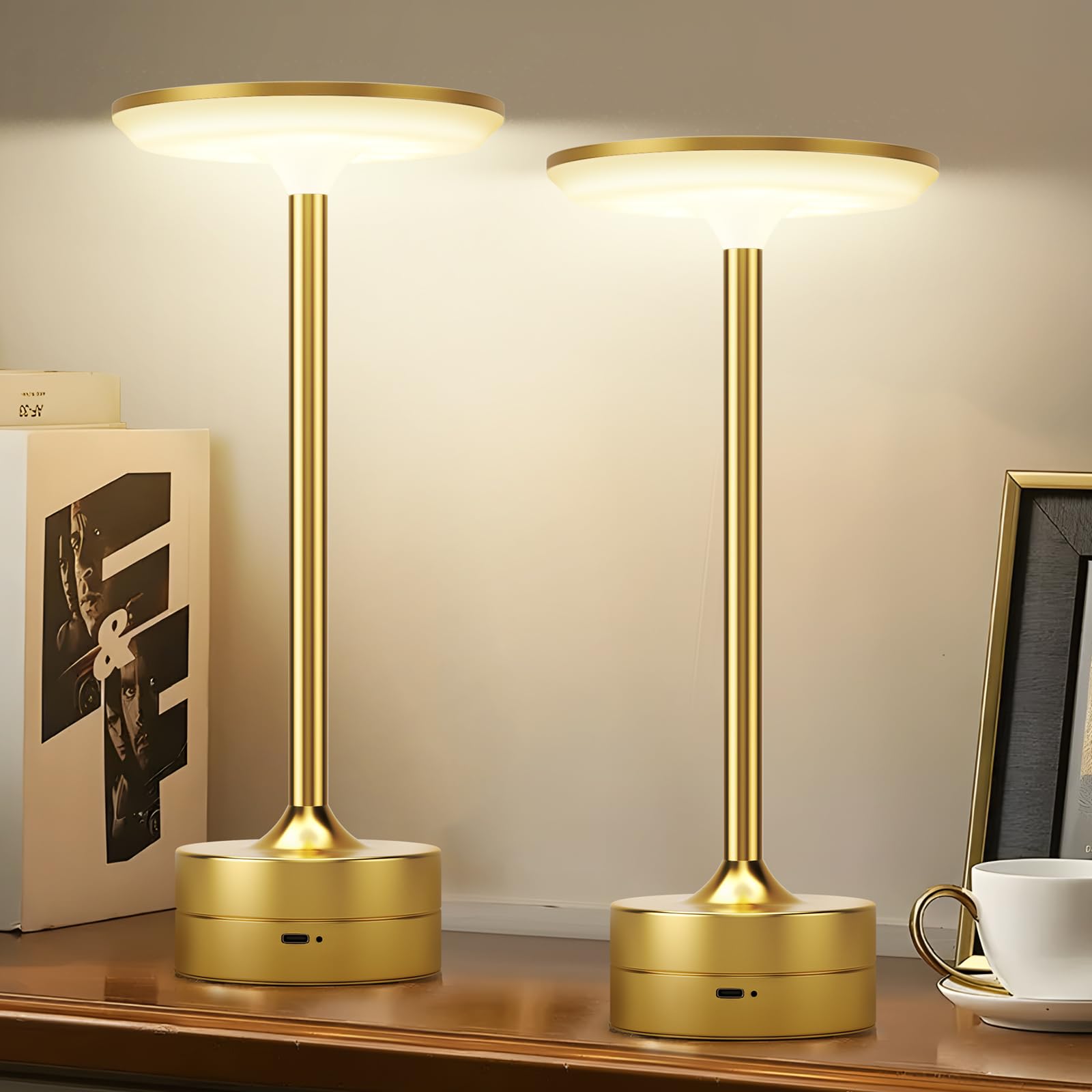 FRIDEKO HOME LED Cordless Table Lamp, Rechargeable, 3 Color Stepless Dimmable, 2 Pack, Gold, Model L07007-132-US-2PCS