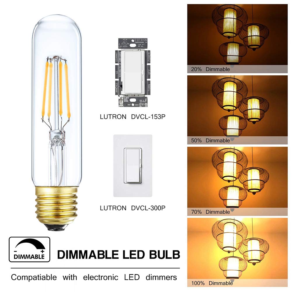 Leools Led Tube Bulb Glass 4W Dimmable Edison T10 Tubular Bulb,E26 Medium Base Filament Lamp 40 Watt Incandescent Bulb Equivalen