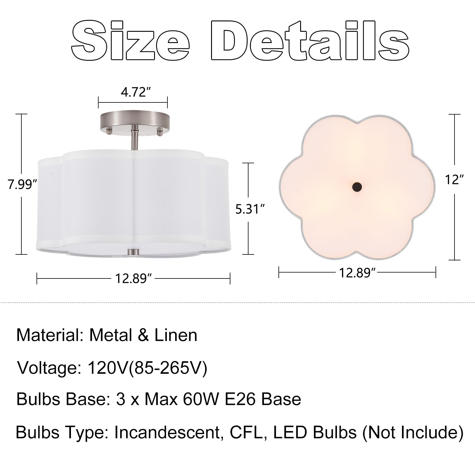 Widluth Modern Drum Semi Flush Mount Ceiling Light Fixture Modern 3-Lights Linen Drum Ceiling Lighting With Chrome Finish, Vintage Modern Ceiling Light For Laundry Room, Kitchen, Basement, Bedroom