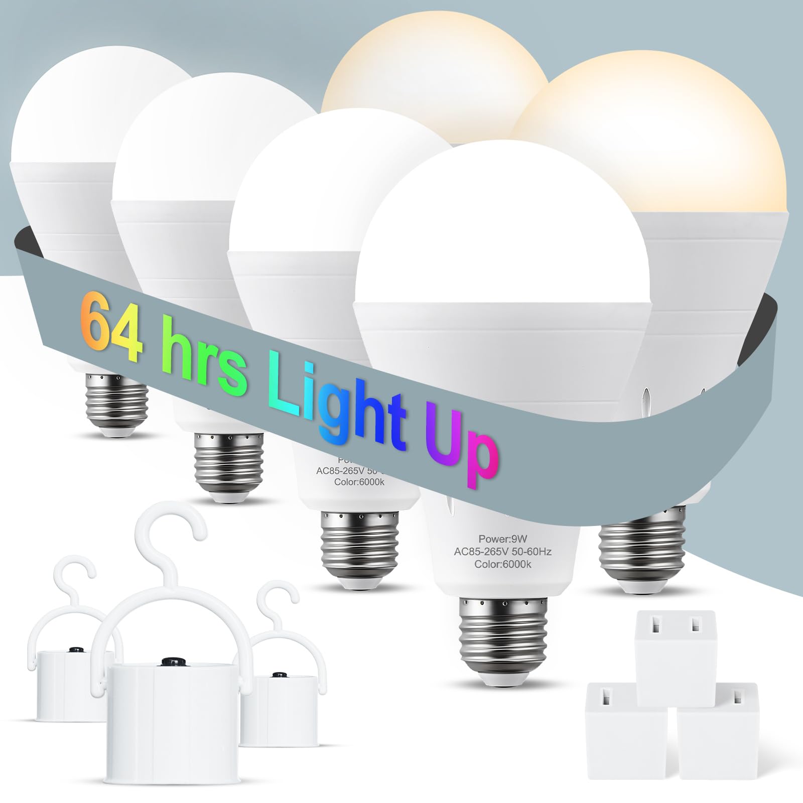 Aluocyi 6 Pack Rechargeable Light Bulbs, Battery Emergency Light Bulb 9W Up To 24 Hours,Pack With 2 Colors,Battery Backup Light 