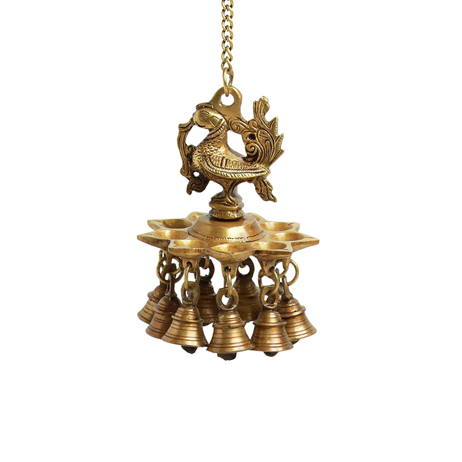 ExclusiveLane Peacock Bliss Hand-Etched Decorative Pure Brass Hanging Diya for Puja Room Mandir with Bell (9 Diyas & Bells, 23.2