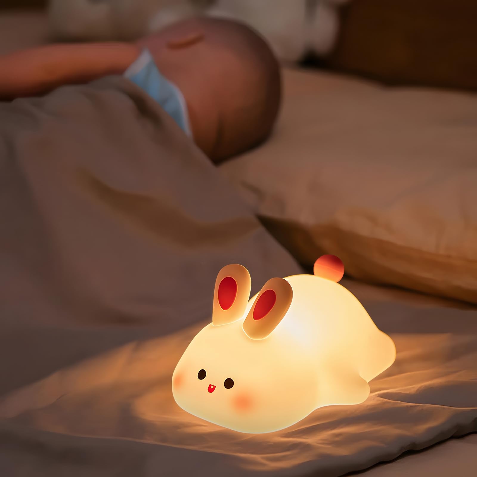 Hpydiy Cute Rabbit Night Light Squishy Animal Nightlamp Rechargerable Dimmable Nursery Bunny Lamp Soft Silicone Table Bedroom Lamp Portable Adjustable Lighting Bedroom Bedside Gift